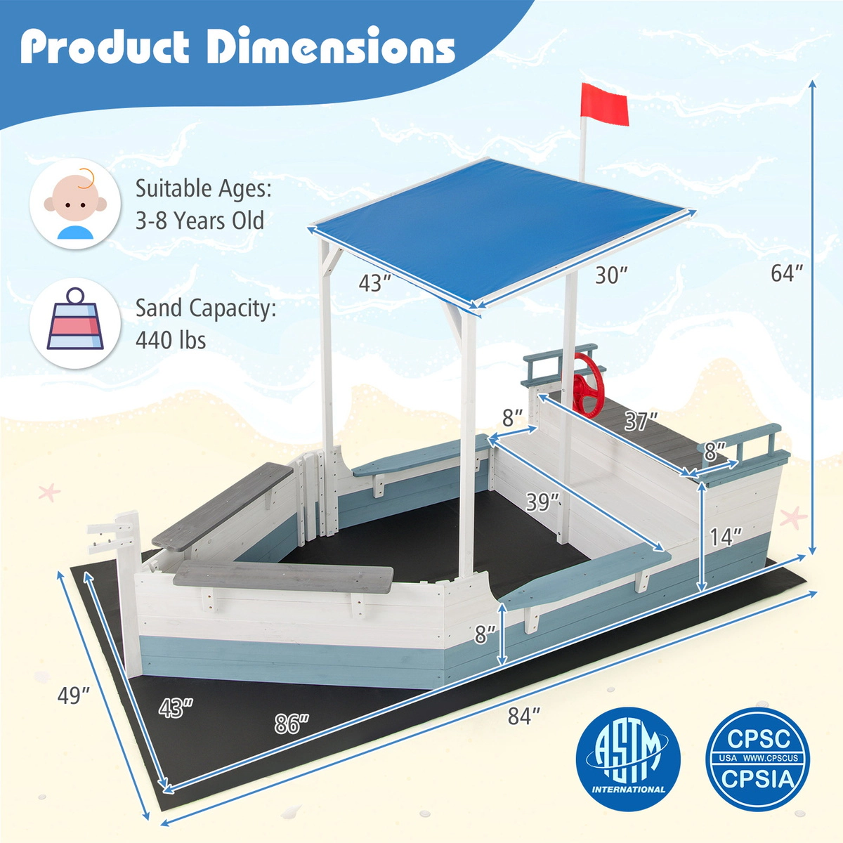 SUGIFT White Canopy Bench Seats and Bottom Liner Pirate Ship Kids Sandbox