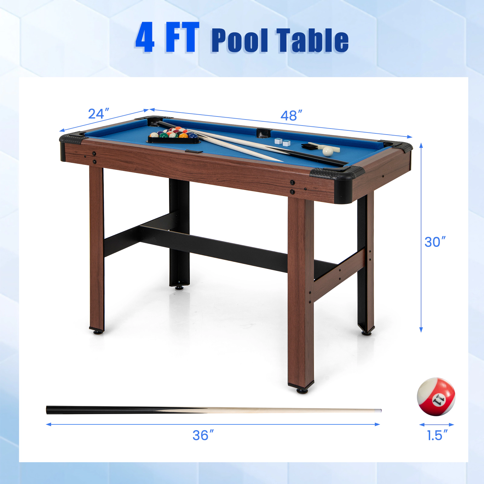 SUGIFT 48-in Pool Wooden Game Table with Velvet Surface and Accessories Set for Kids and Adults Brown+Blue/Green
