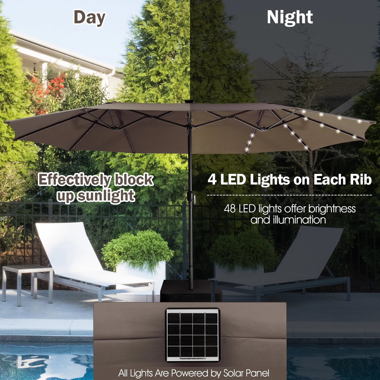 SUGIFT Light Brown 15 ft Twin Patio Umbrella with 48 Solar LED Lights and Steel Pole