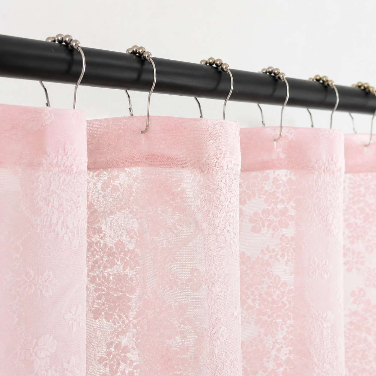 WZK Pink Lace Sheer with Attached Valance Feminine Floral Bathroom Shower Curtain