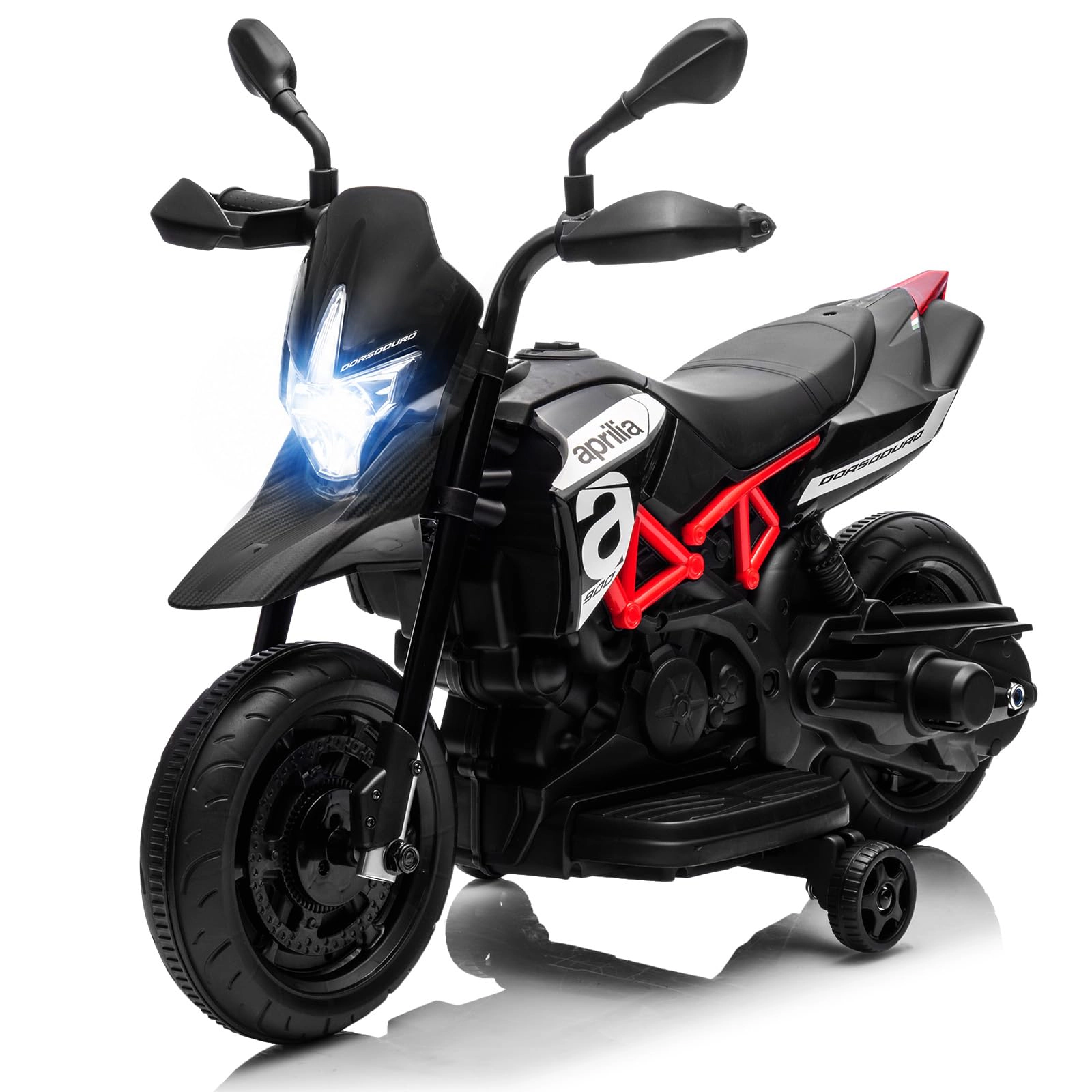 6V Kids Electric Motorcycle with Training Wheels, Dirt Bike Style Ride On Toy Headlight, Music & USB Port