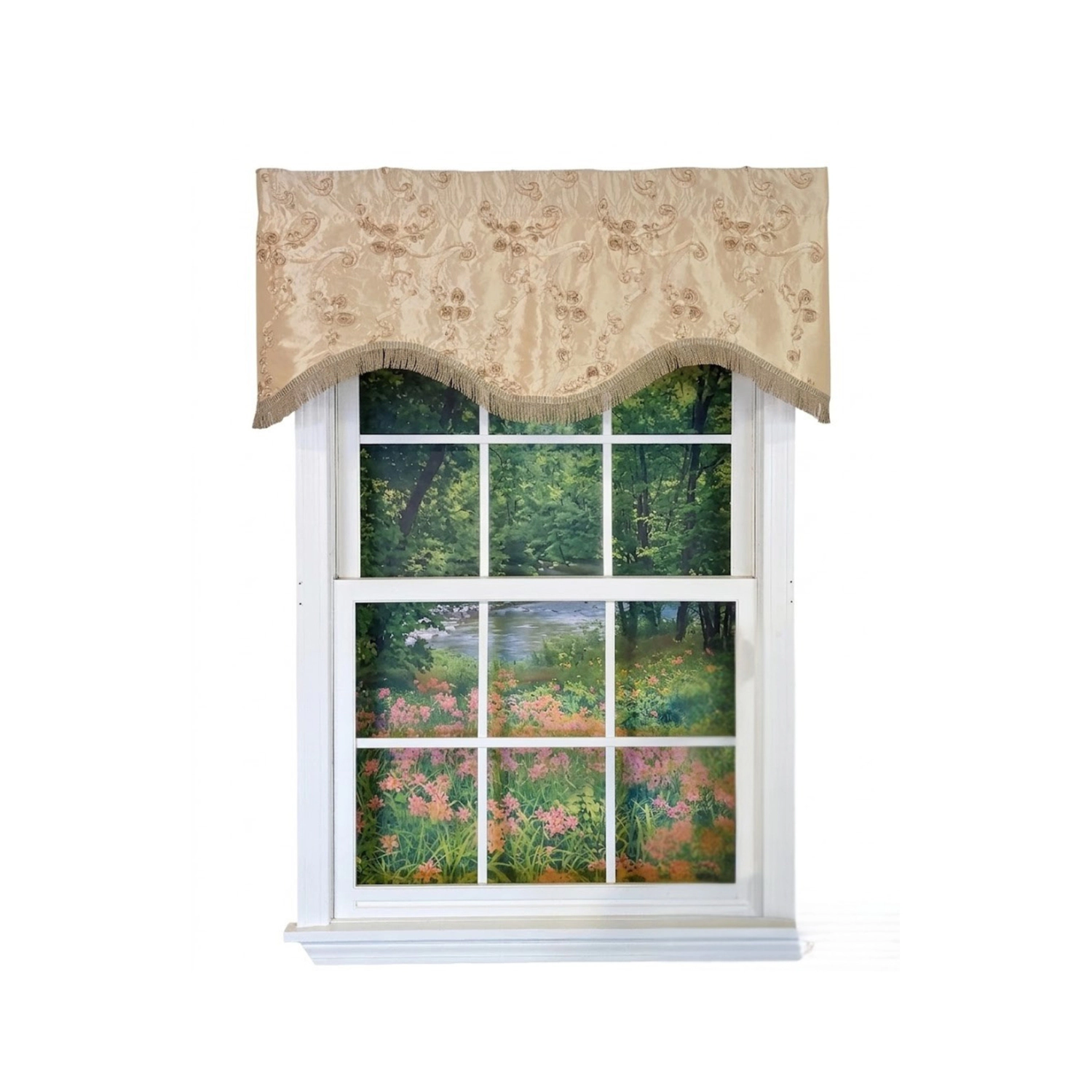RLF Home Ribbons Trimmed Cornice Window Valance 100% Cotton Lined Rod Pocket 50" x 17" Beige