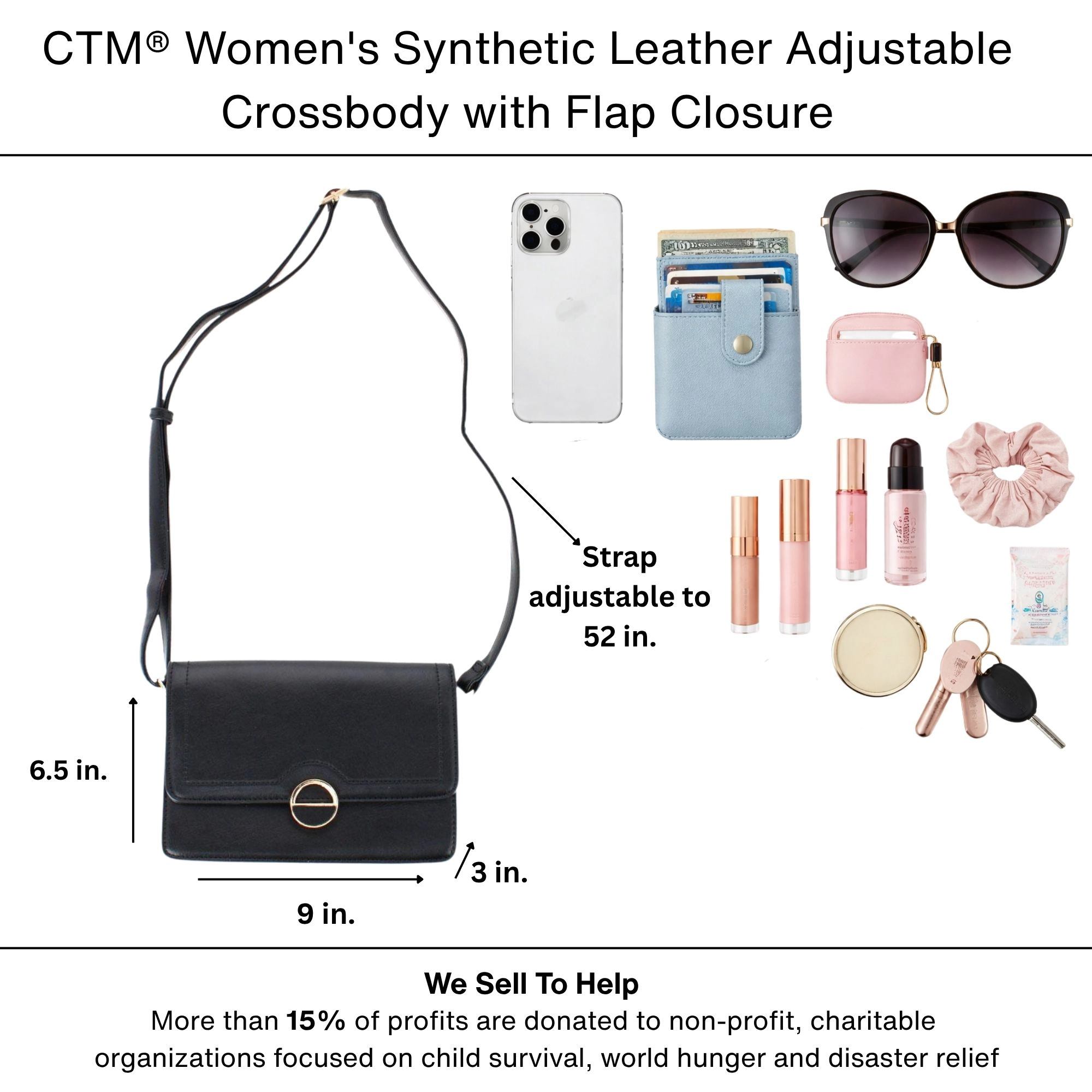 CTM Women's Synthetic Leather Adjustable Crossbody with Flap Closure