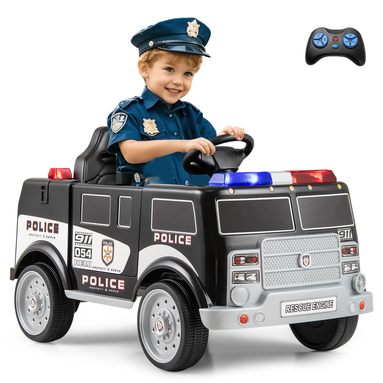 SUGIFT 12V Black Kids Ride-On Police Car with Megaphone Remote Control Siren and FM Radio 66-lb Rider