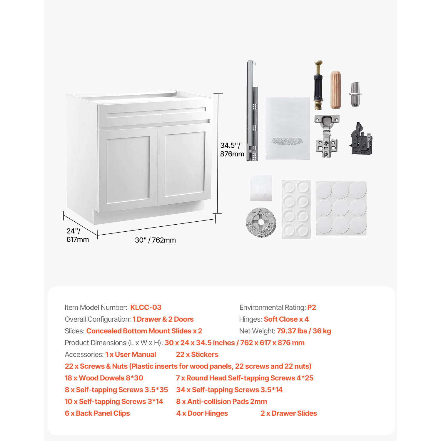 HONGGE White Shaker Base Cabinet with Soft-Close and Adjustable Shelf, Ready to Assemble