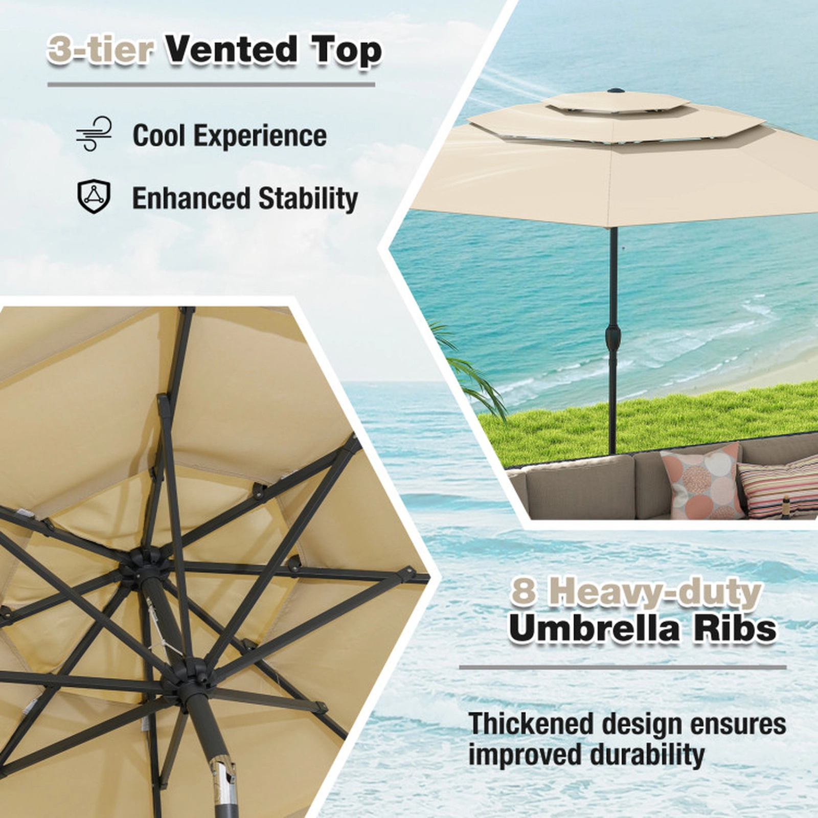 SUGIFT 10 ft Beige 3-Tier Vented Patio Umbrella with Crank Lift, Push-Button Tilt