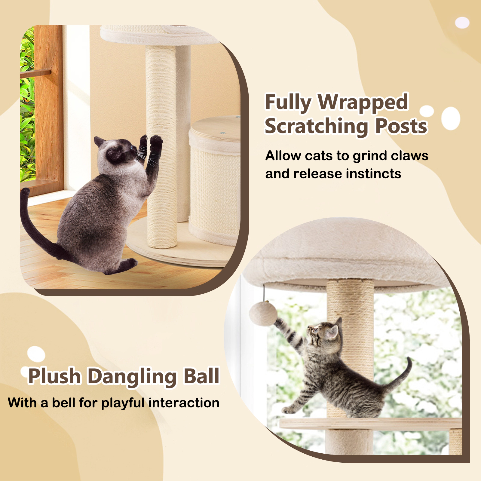 SUGIFT Natural 60 in Wooden Kitten Tower with 2 Condos Basket and Sisal Posts