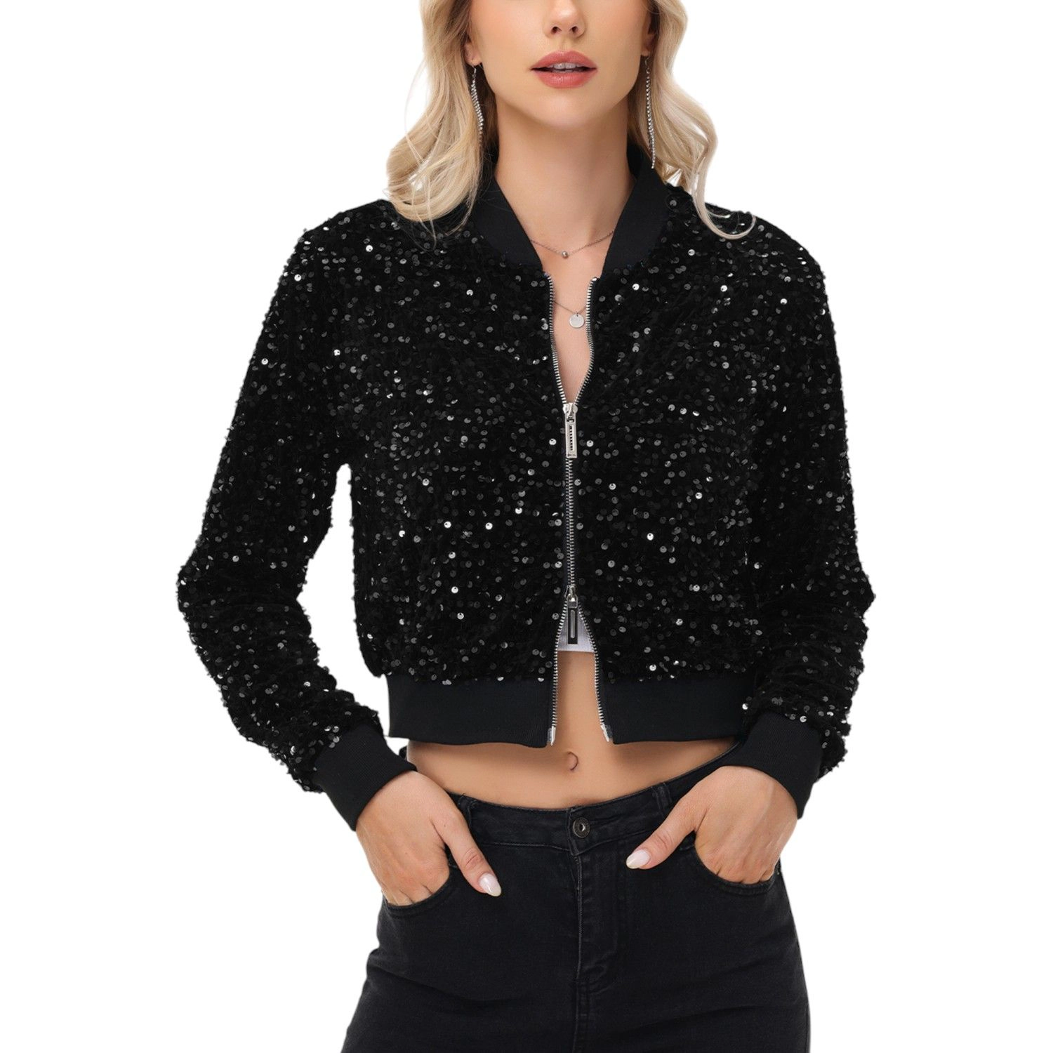 Anna-Kaci Women's Sequin Zip-Up Bomber Jacket with Ribbed Trim and Long Sleeves