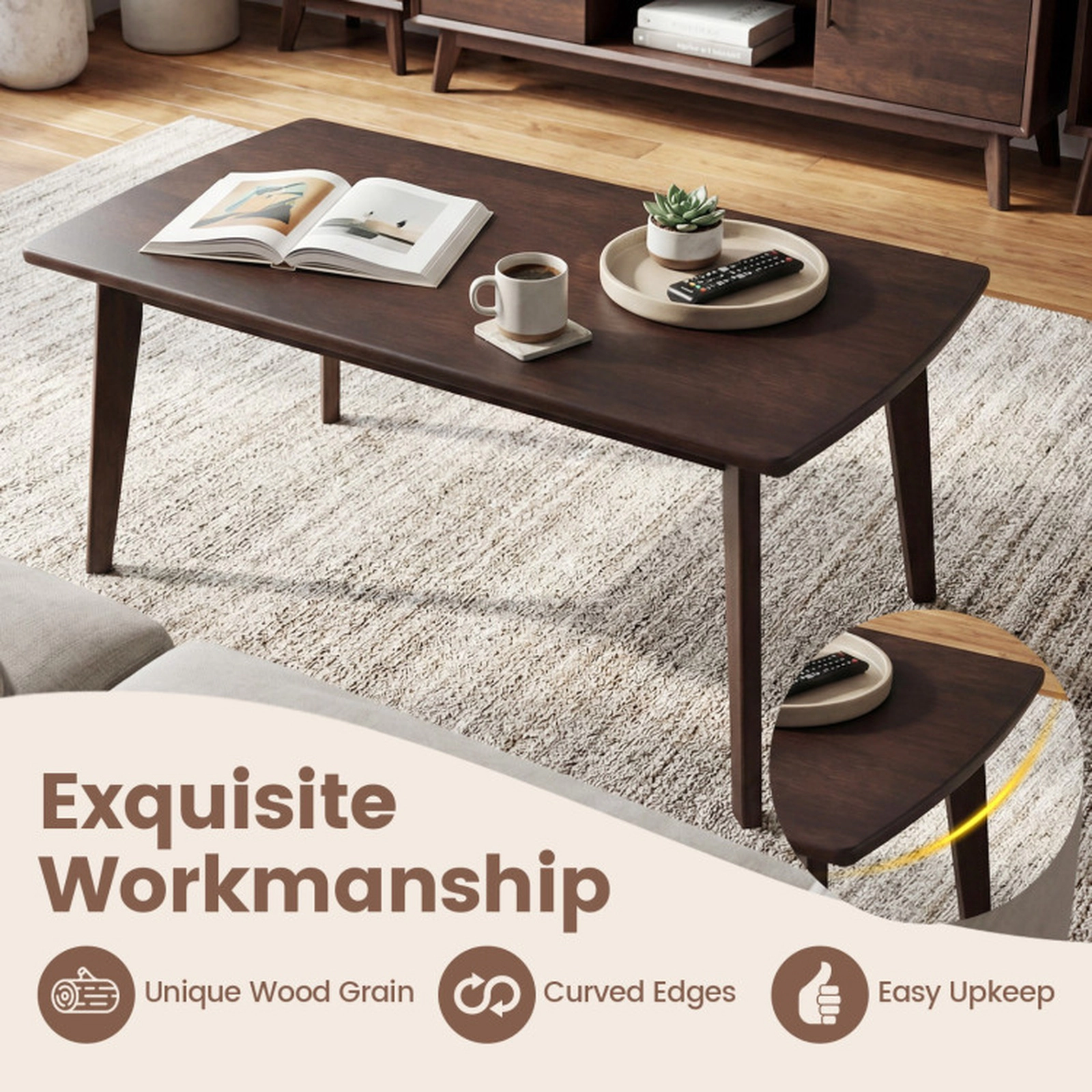 SUGIFT Solid Rubber Wood Tapered Legs Mid Century Modern Coffee Table 34.5-in x 21-in x 17-in 176-lb Capacity Walnut
