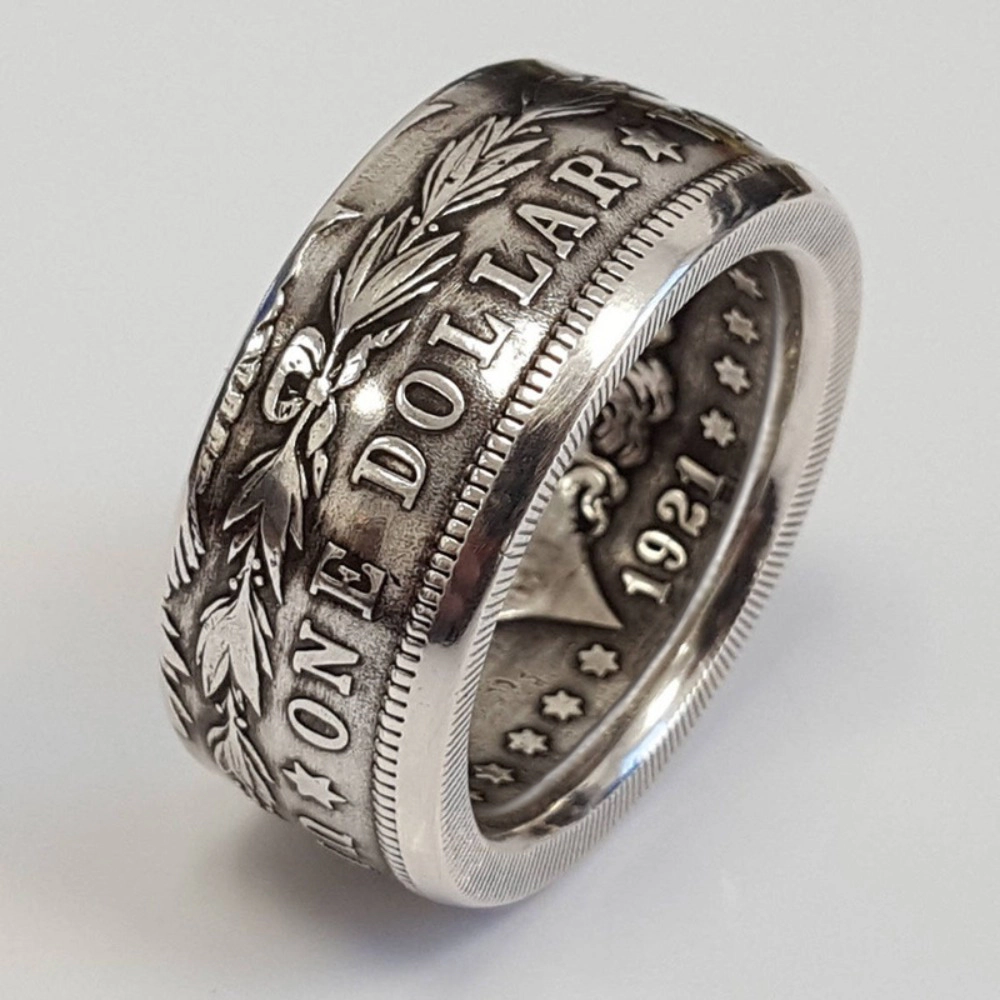 Vintage Morgan One Dollar Coin Ring Retro Engraved Silver Band Ring for Men