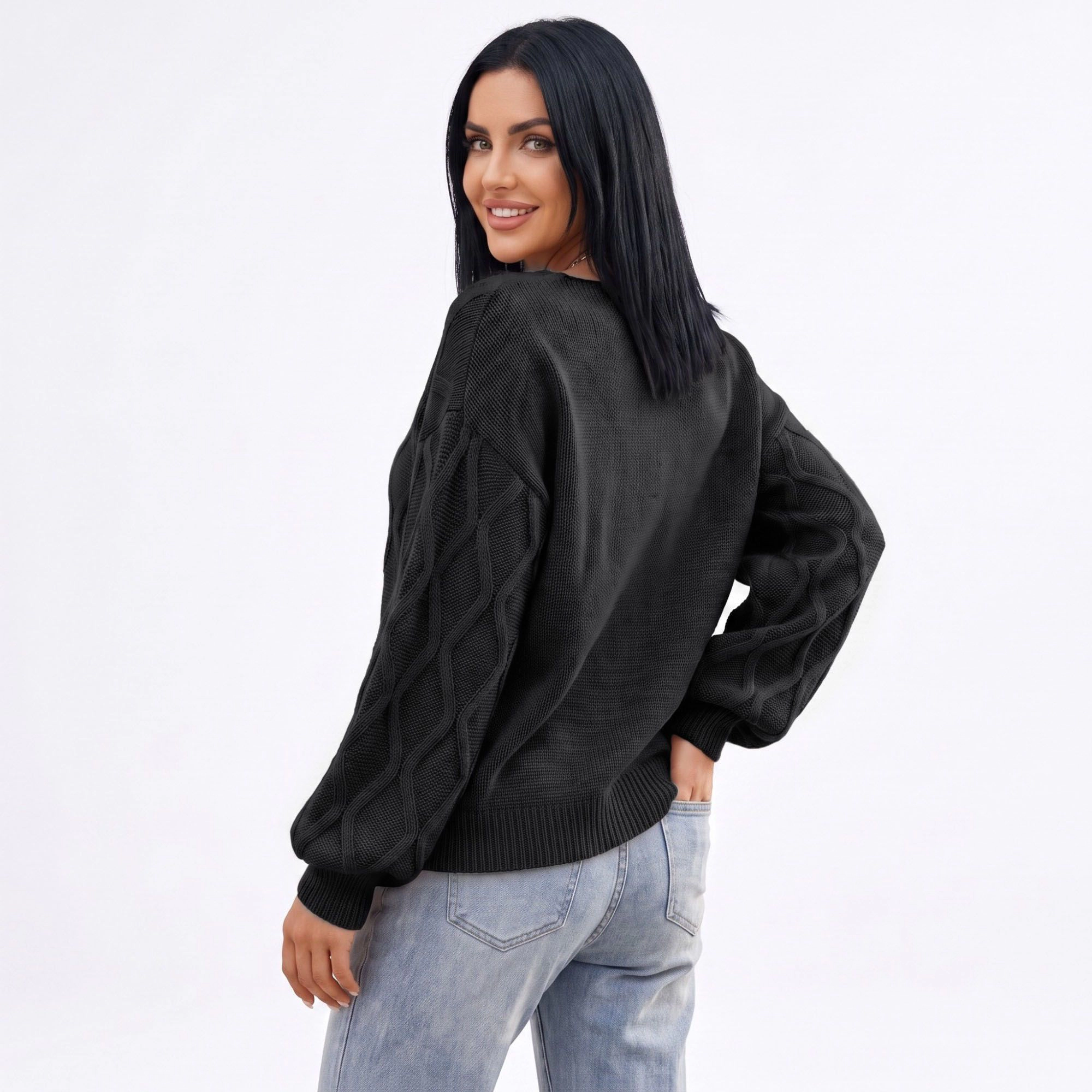 Anna-Kaci Women's Cable Knit V-Neck Balloon Sleeve Sweater
