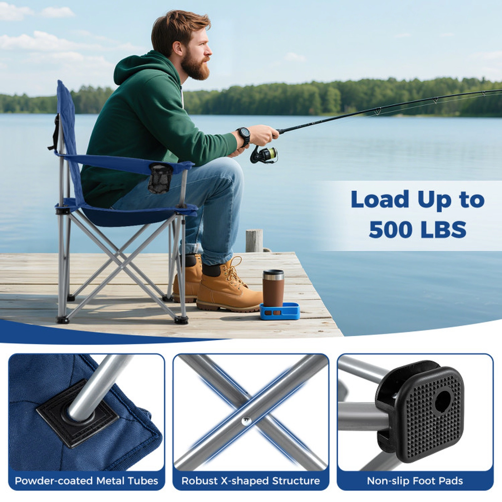 SUGIFT Oversized Folding Camping Chair with Cooler Pouch and Cup Holder 500-lb Capacity 38-in Tall Navy Gray, 1 Chair