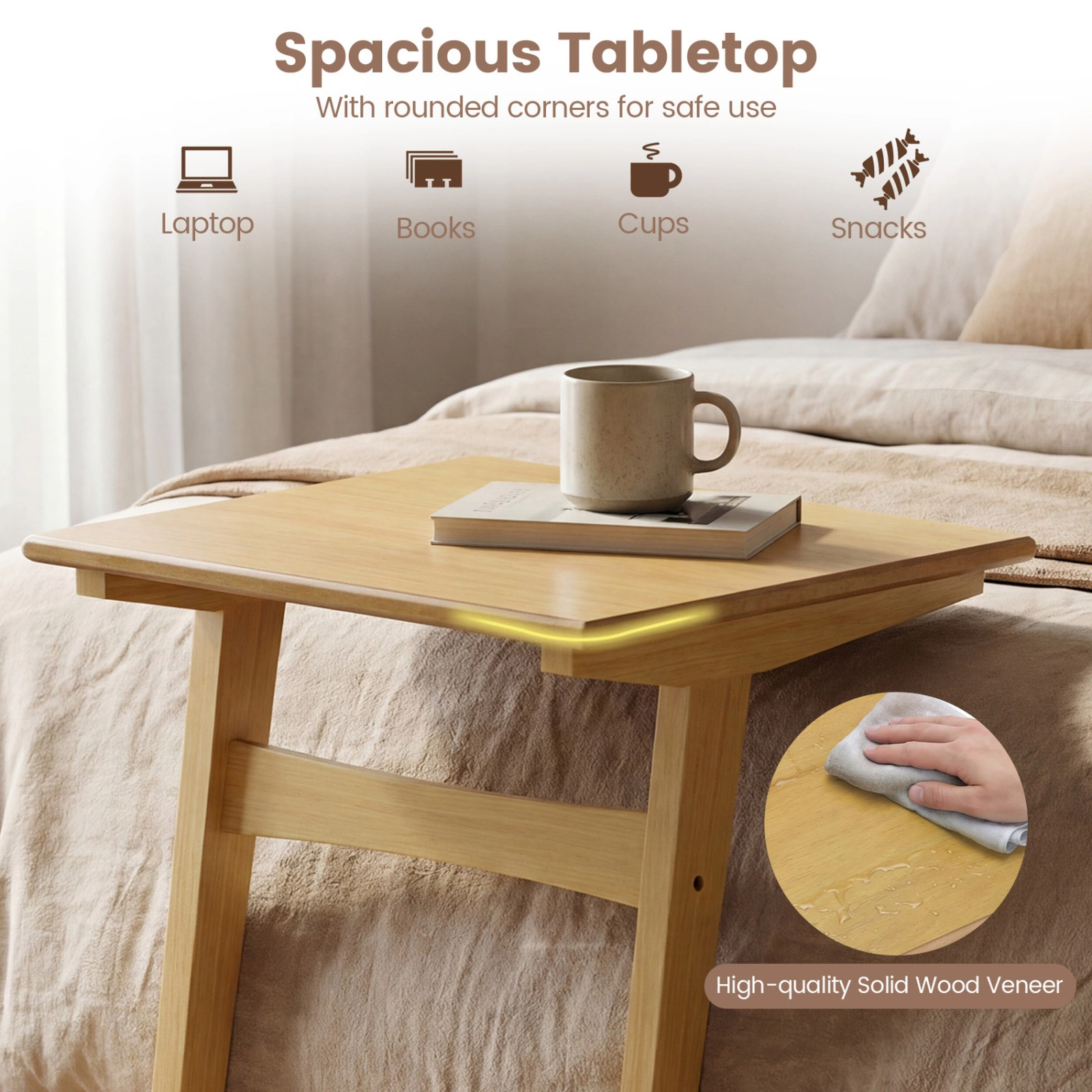SUGIFT Space-Saving C-Shaped Sofa Side End Table with Wood Veneered Top 165-lb Capacity Natural