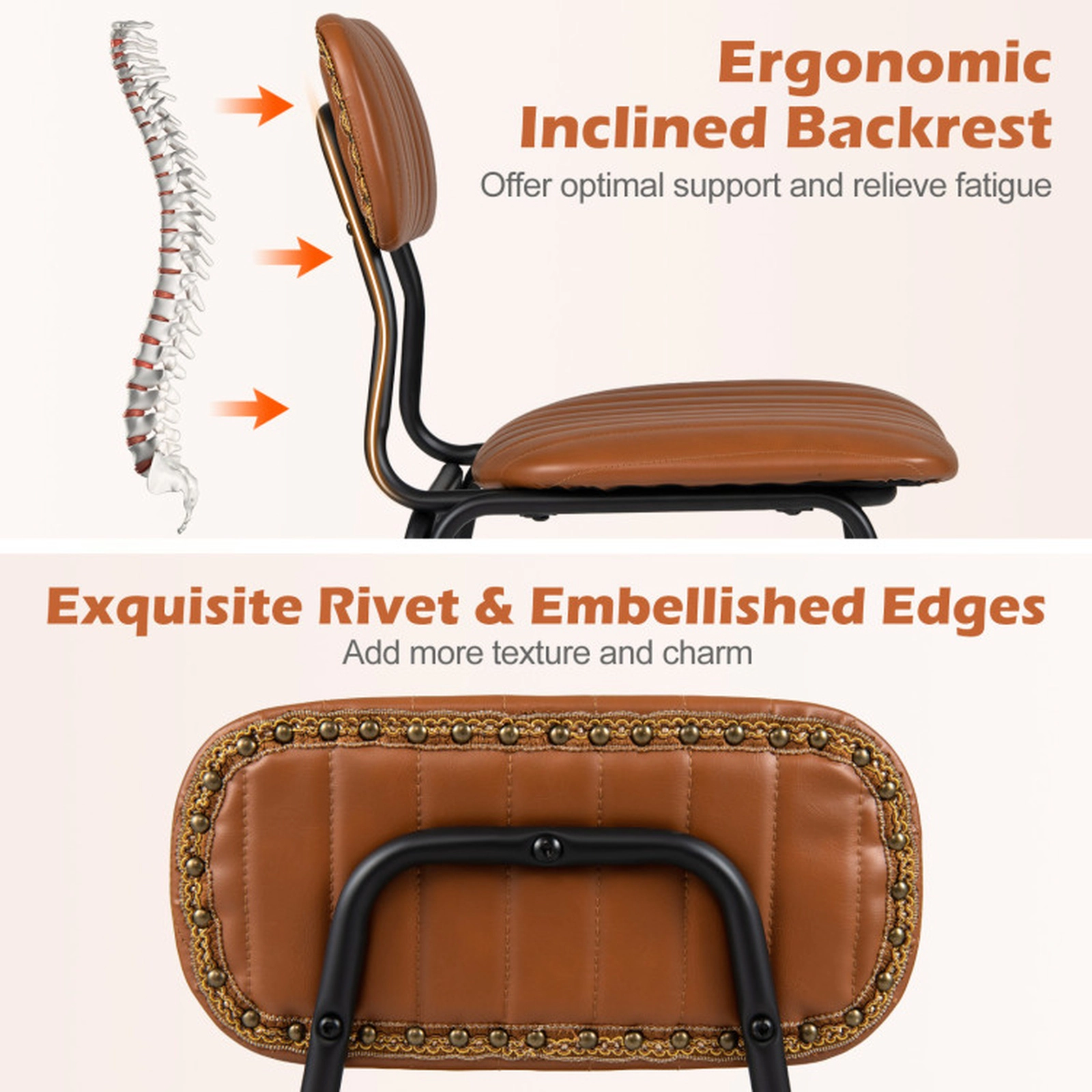 SUGIFT Set of 2 Brown PU Leather Dining Chairs with Rivet Trim
