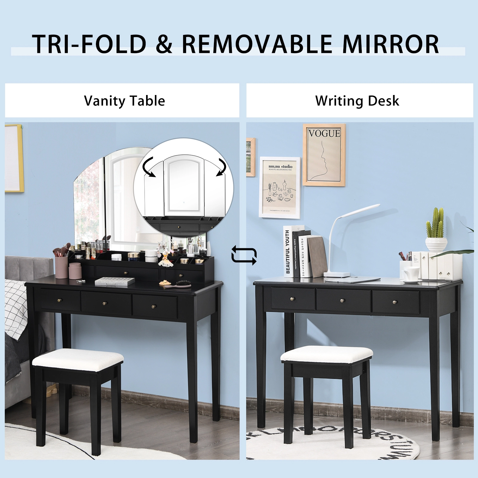SUGIFT Tri-Folding Lighted Mirror Vanity Table and Stool Set 40-in Wide 110-lb Desktop Capacity 2-Piece Black