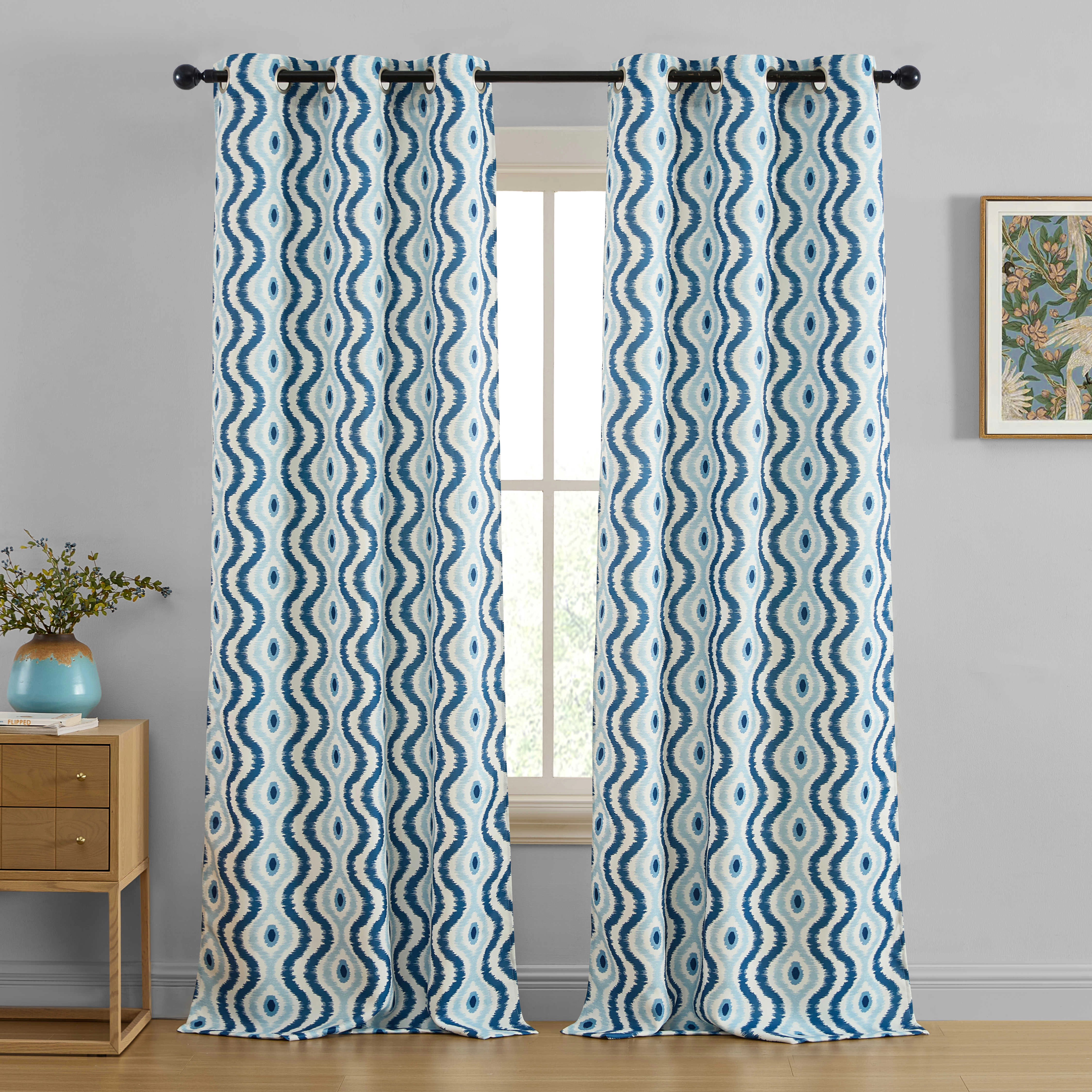 HLC.ME Tanner Ogee Ikatt Damask Patterned Window Grommet Curtains - Light Blocking Darkening Panels, Set of 2