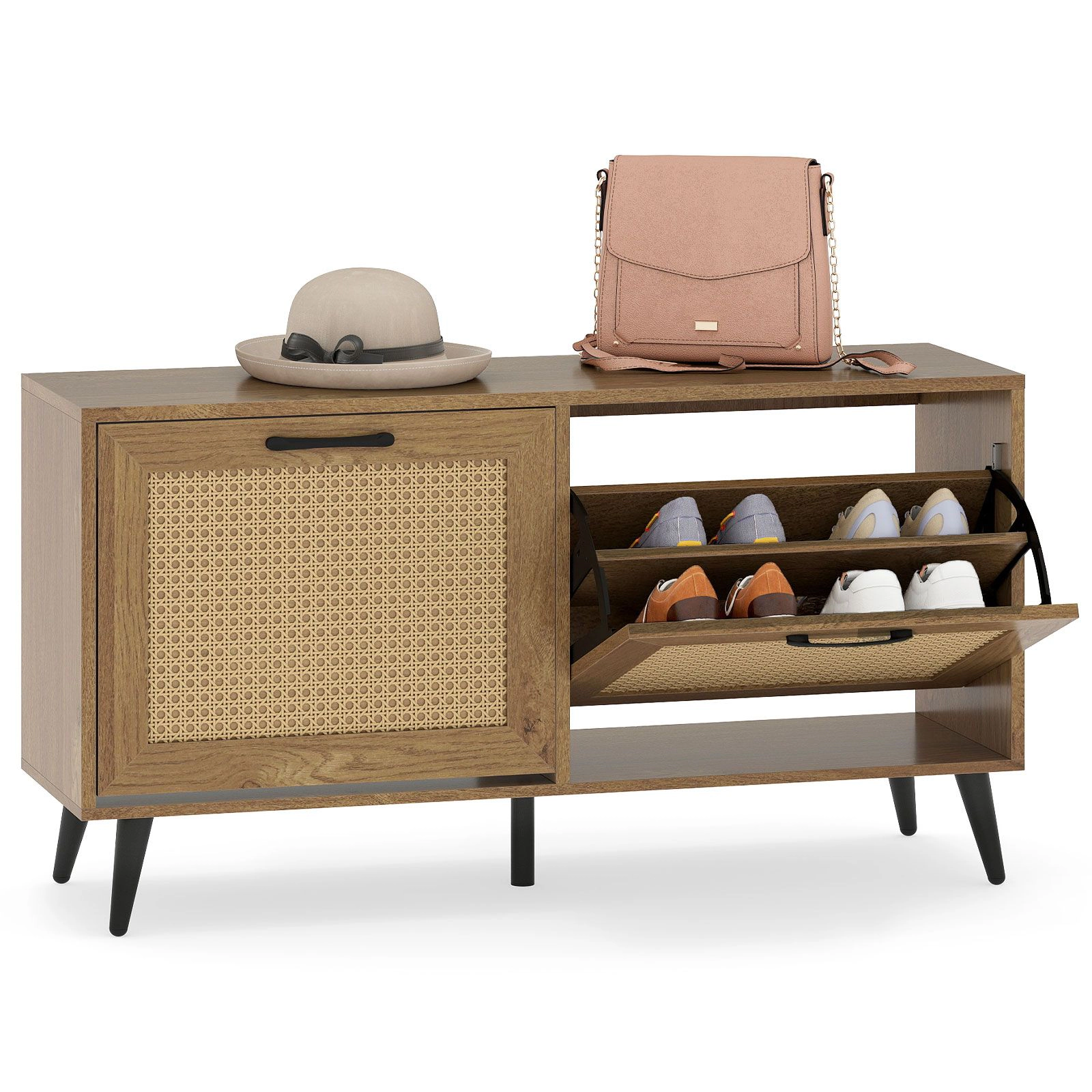 SlickBlue Entryway Shoe Cabinet Bench with Rattan Doors and Shelves