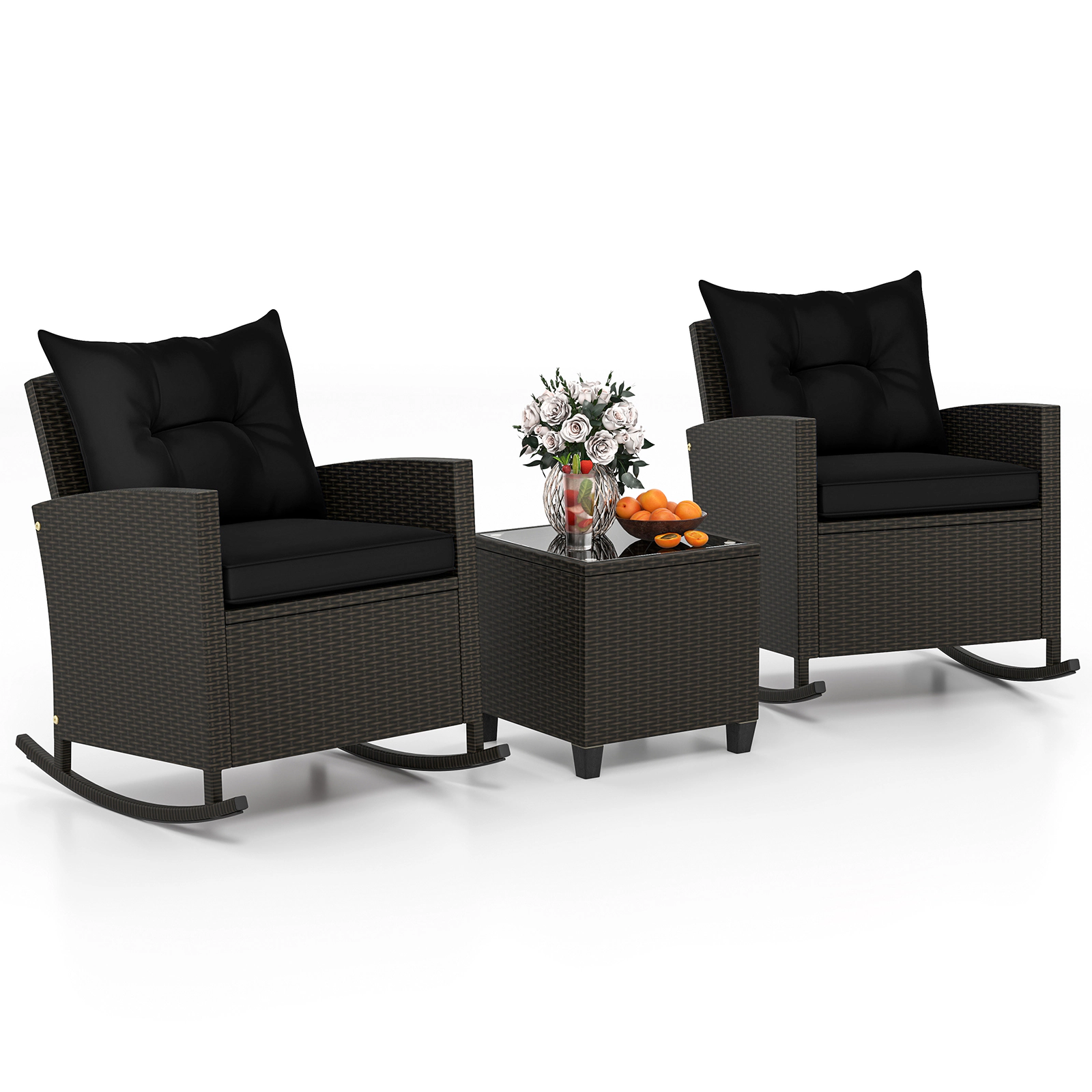 SUGIFT Rocking Conversation Set with Tempered Glass Coffee Table 400-lb Chair Capacity Black Rattan with Soft Cushions