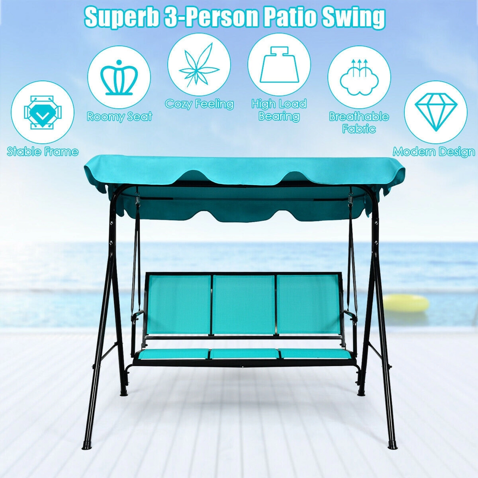 SUGIFT 3 Person Porch Swing Blue Outdoor Patio Swing Bench with Canopy and Steel Frame