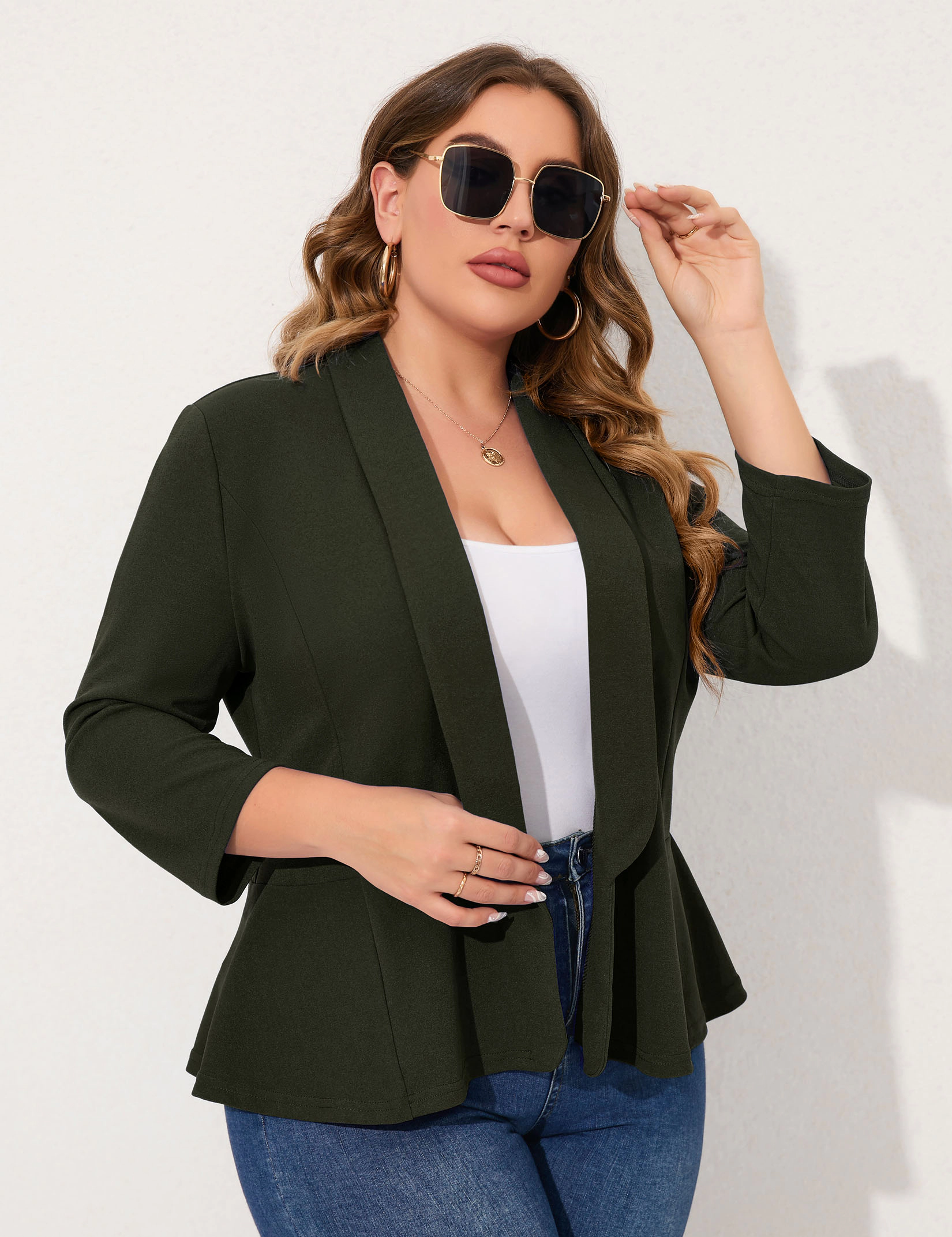 KOJOOIN Womens Blazer Plus Peplum, 3/4 Sleeve Lapel Open Front Lightweight Casual Work Jacket