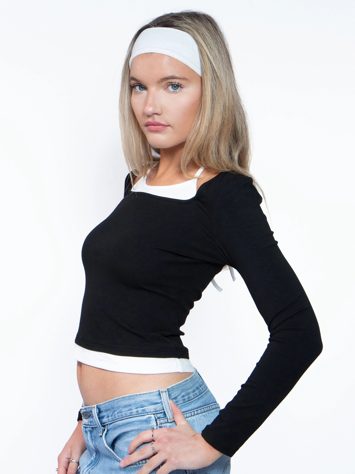 JESS by Meiko Women's Spring Casual Double Layer Square Neck Long Sleeve Halter Top