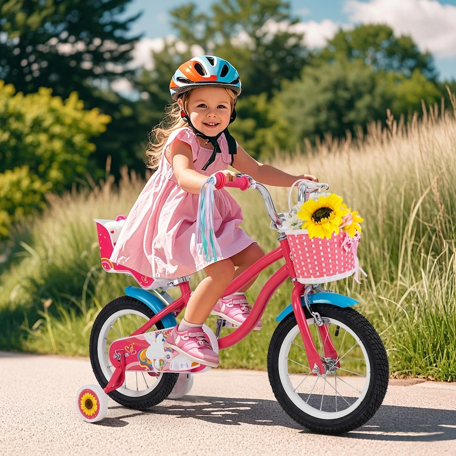 14-in Girls Bike Doll Seat Basket and Removable Training Wheels for Kids Ages 3-5 Adjustable Saddle and Handlebar Pink