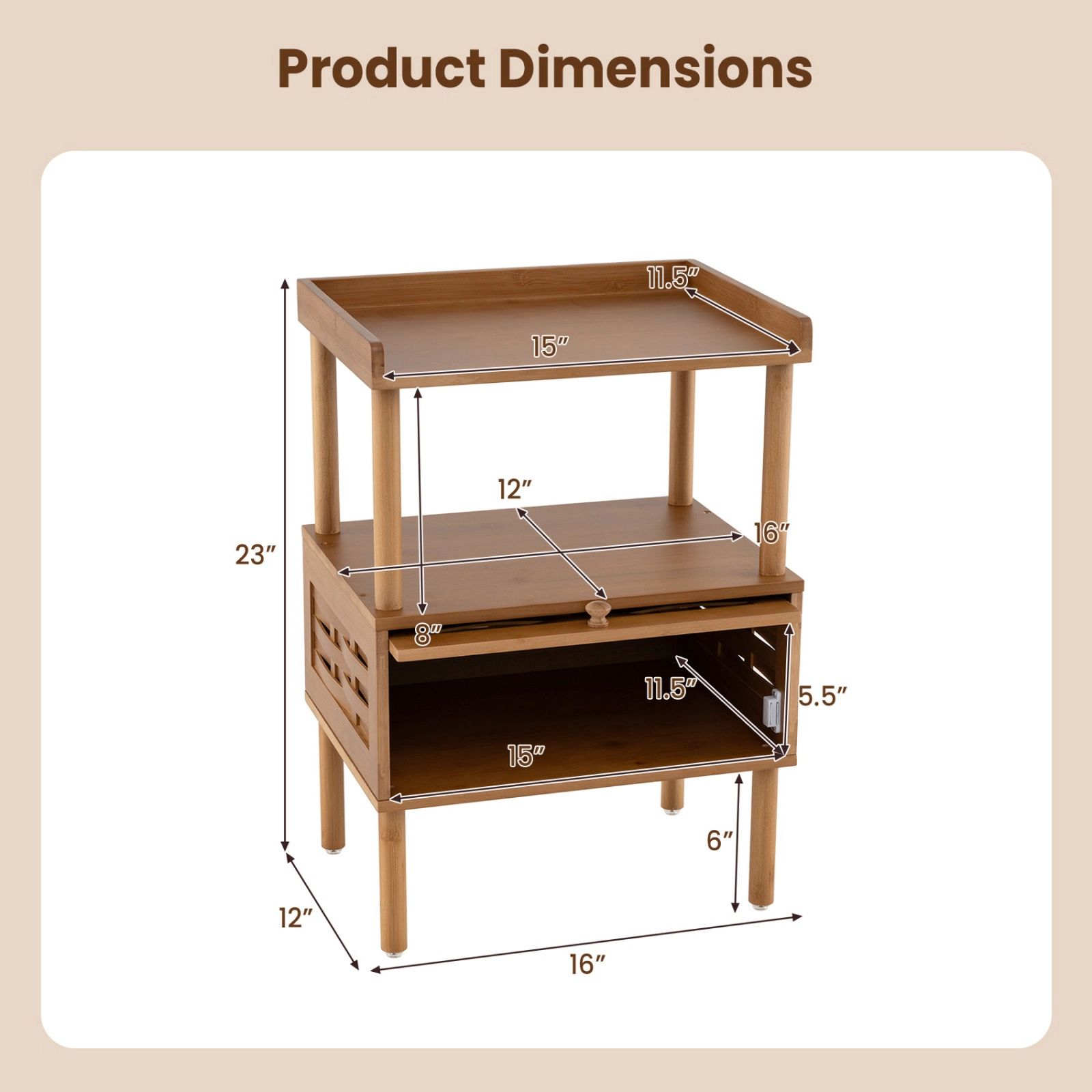 SUGIFT Bamboo Rattan Nightstand with Raised Edge Flip-Up Door and Open Shelf 44-lb Countertop Capacity Walnut
