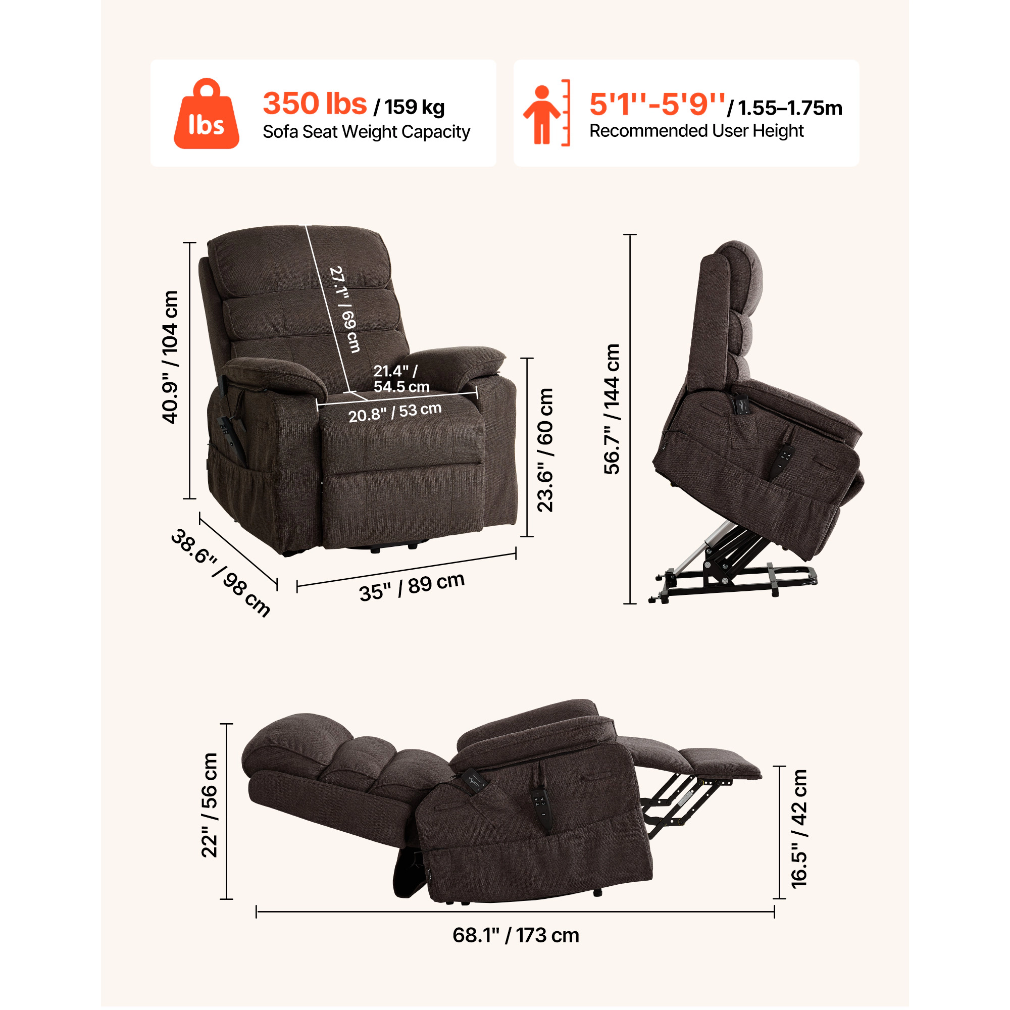 HONGGE Power Lift Recliner Chair Dual Motor Medium with Heat and Massage for Elderly Position Adjustable