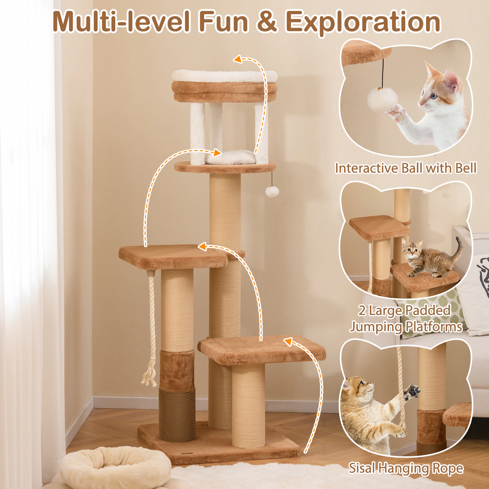 SUGIFT 65-in Tall Cat Tree with Self-groomer and Removable Cat Bed 33-lb Capacity Caramel and White