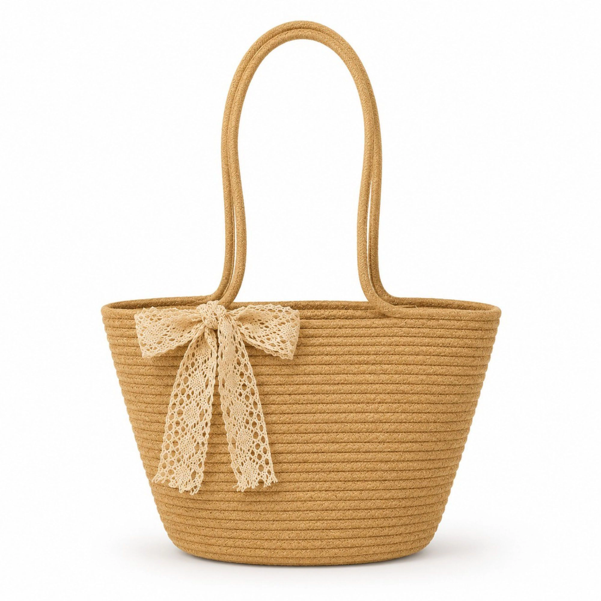 Alilang Women's Woven Straw Style Tote Bag Large Capacity Shoulder with Lace Bow Detail
