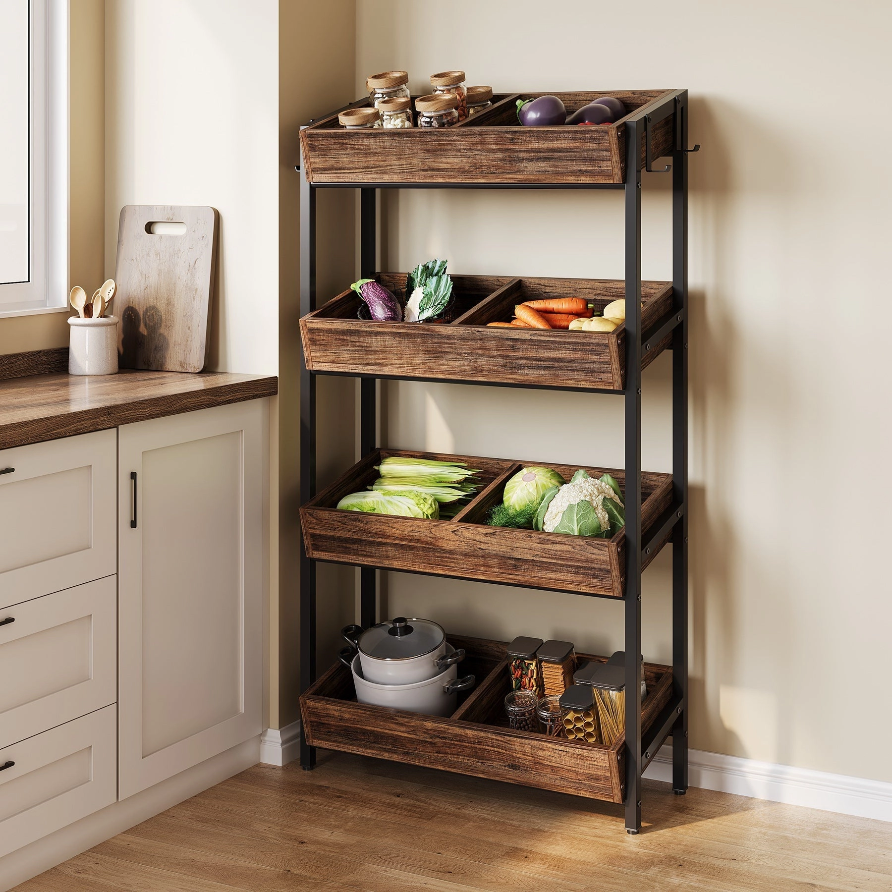 Tribesigns Wood Fruit Vegetable Storage Rack Stand, 4-Tier Storage Organizer