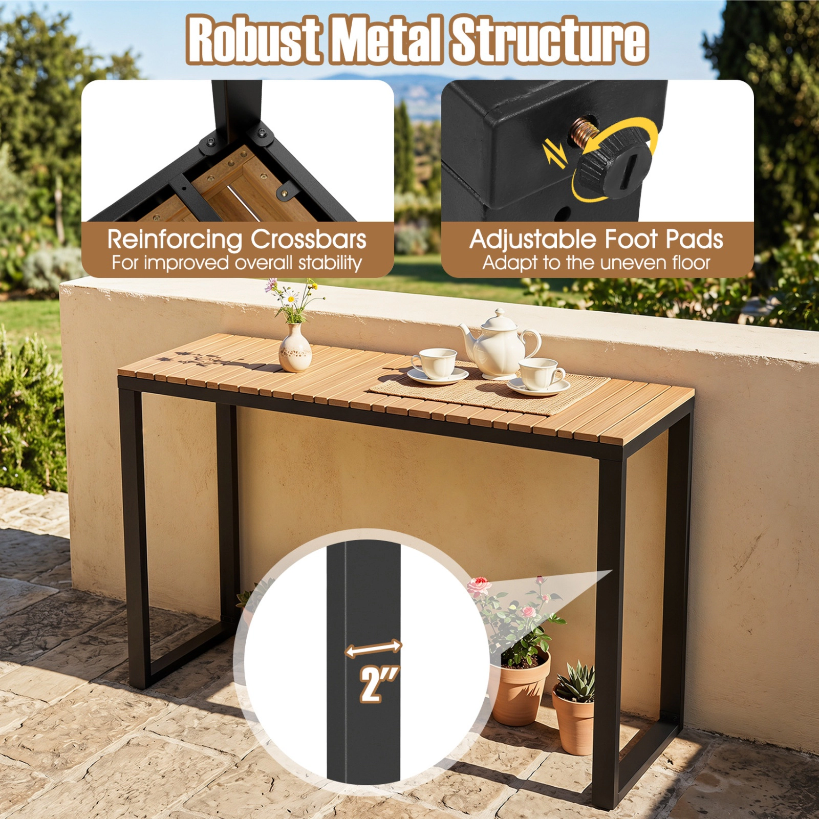 SUGIFT 51-In Narrow Acacia Wood Slatted Outdoor Console Table, Natural and Black