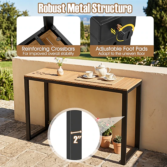SUGIFT 51-In Narrow Acacia Wood Slatted Outdoor Console Table, Natural and Black
