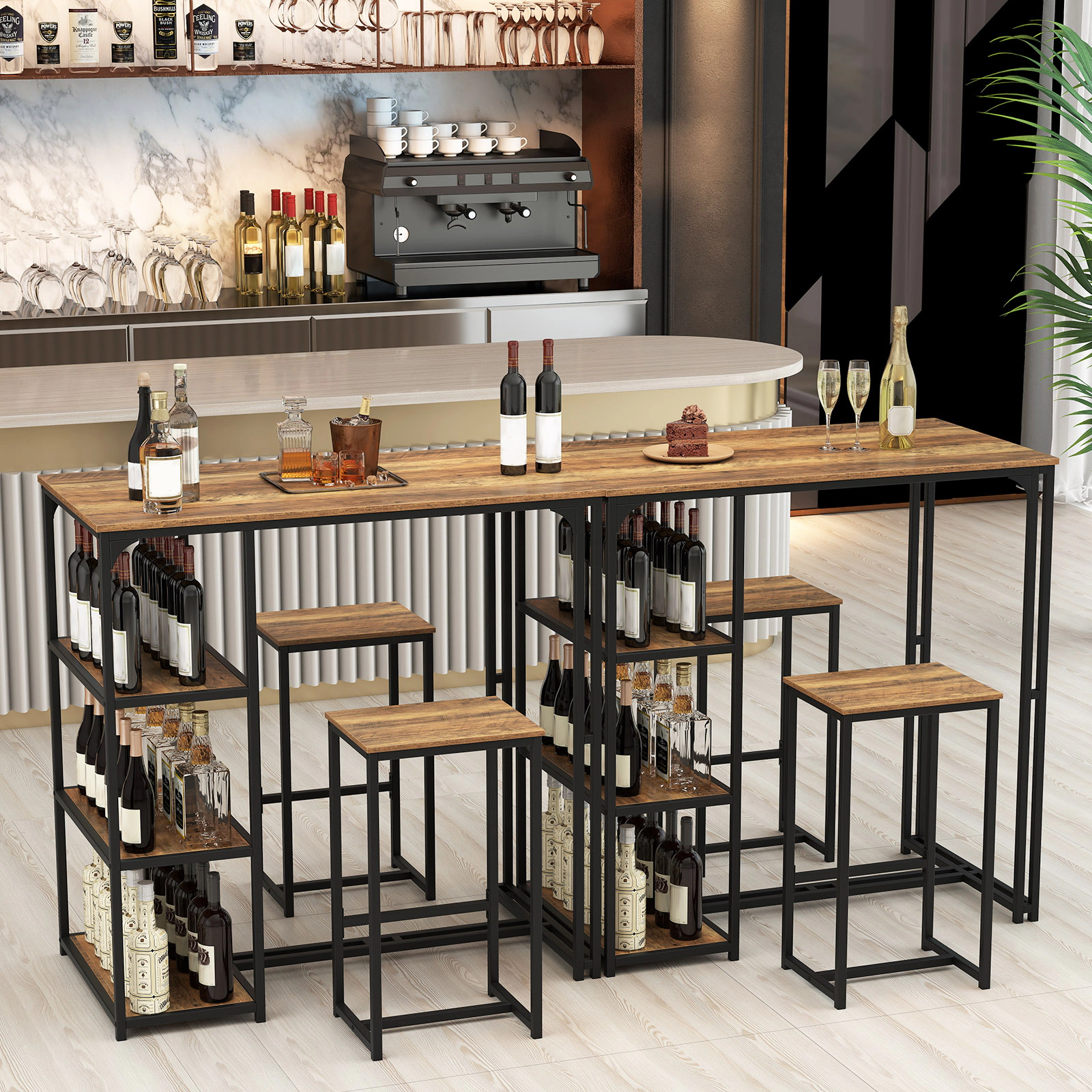 SUGIFT 3-Piece Bar-Height Dining Table Set 2 Stools 220-/330-lb Capacity 44-in Table with Storage Shelves Coffee+Black