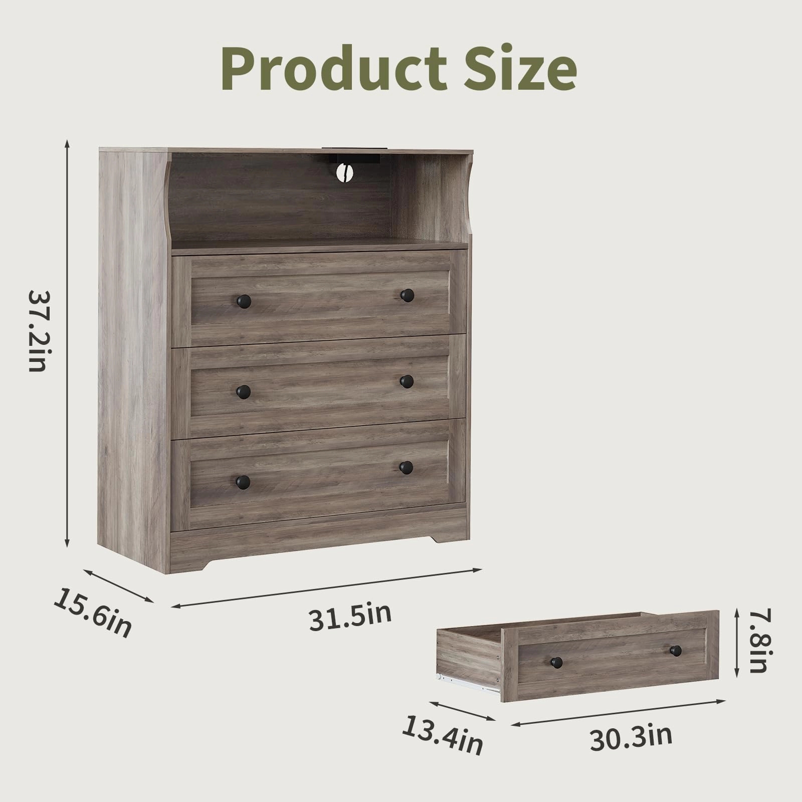 37.2" 3 Drawer Dresser with LED Lights & Charging Station, Wood Storage Chest Open Shelf