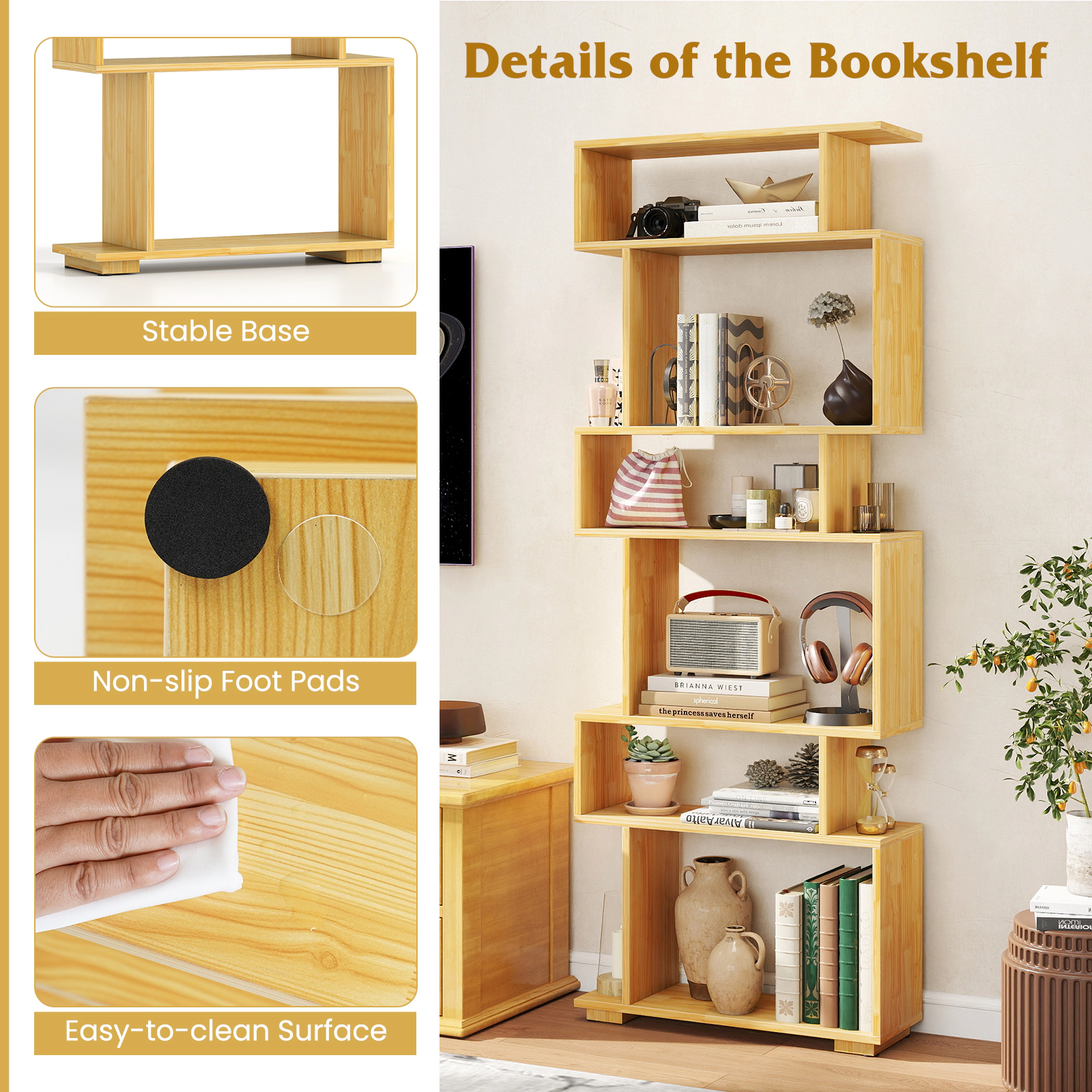 SUGIFT Wood 6-Tier Geometric S-Shaped Bookshelf 64 in with 2 Anti-Tipping Kits