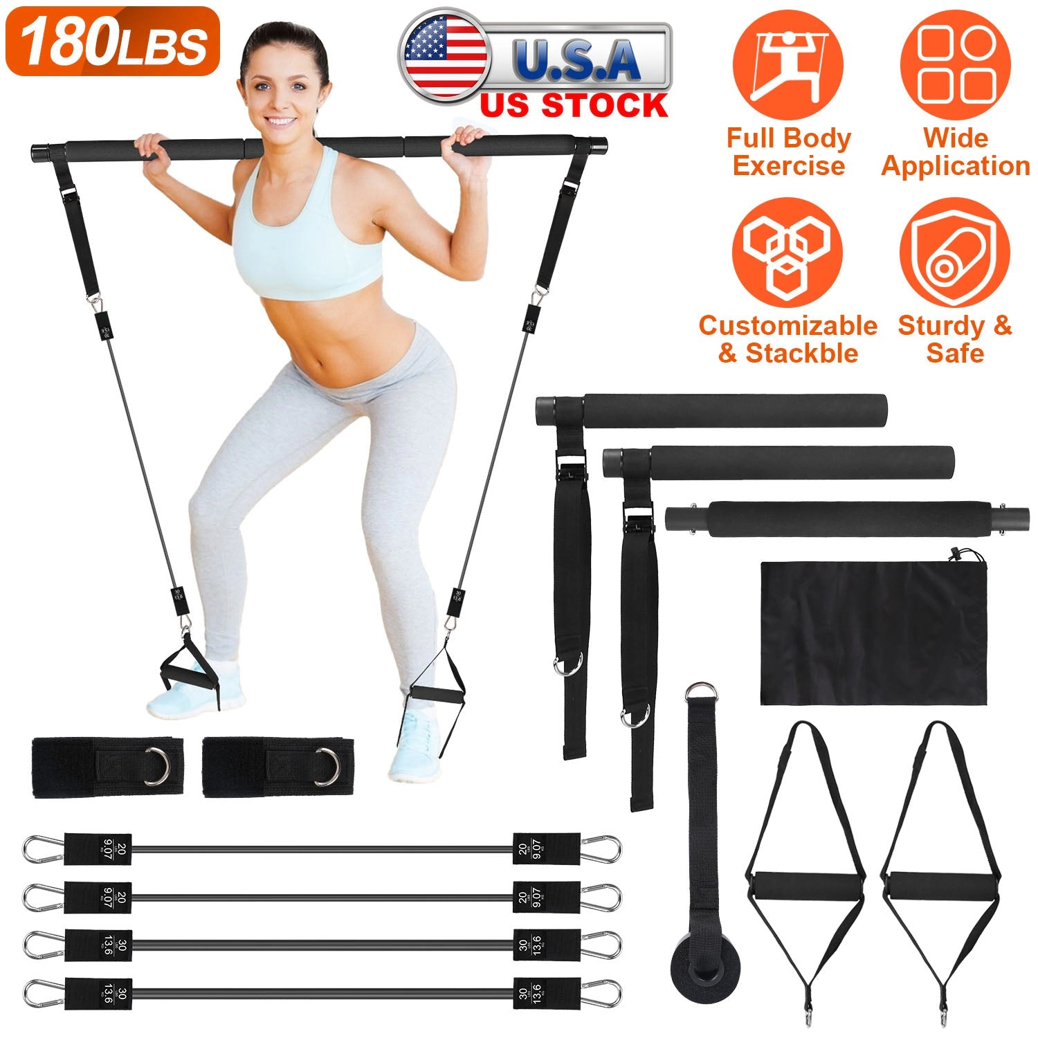 GBruno 100 LBS Pilates Bar Kit With Resistance Bands