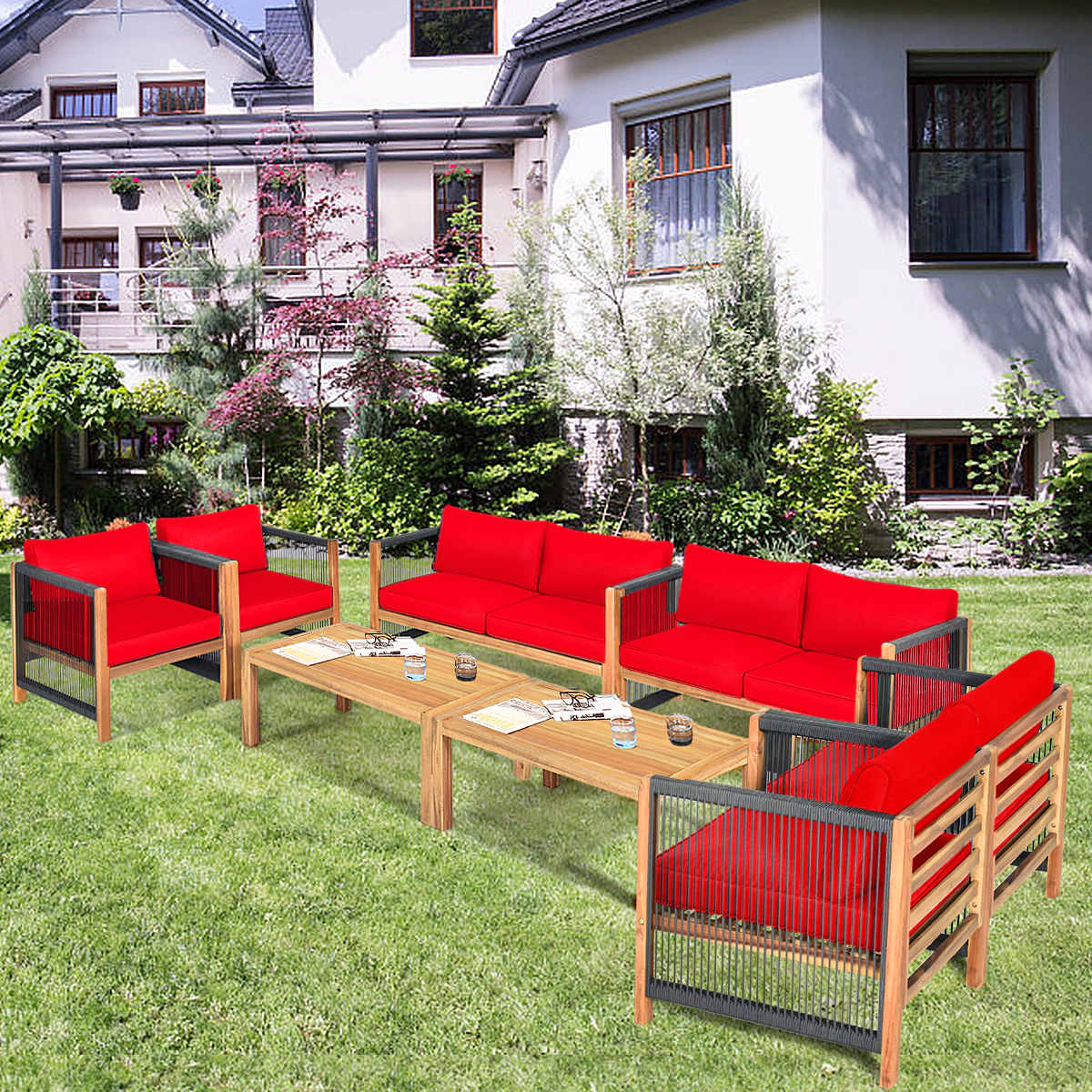 LJG 4 Pieces Wood Outdoor Patio Furniture Set with Cushions for Garden