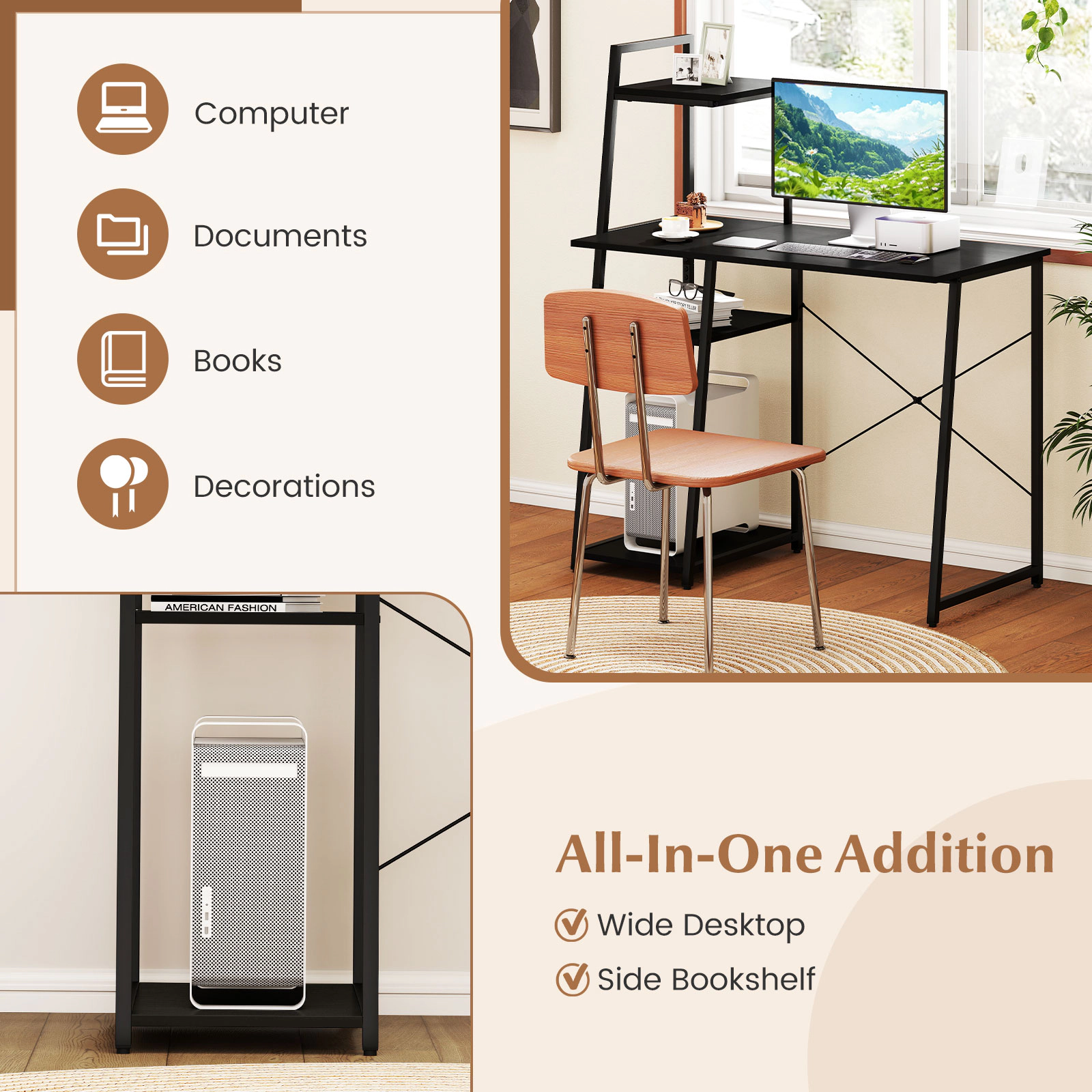 SUGIFT Computer Desk with 3-Tier Storage Bookshelf and Shelves 155-lb Desktop Capacity Rustic Brown & Black/Natural &