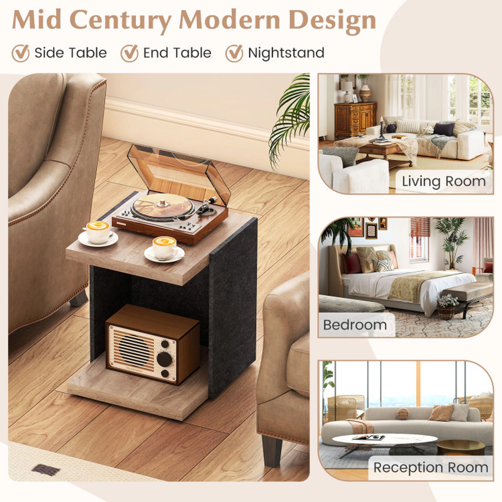 SUGIFT 19.5-in Oak and Black 2-Tier End Table with Open Shelf