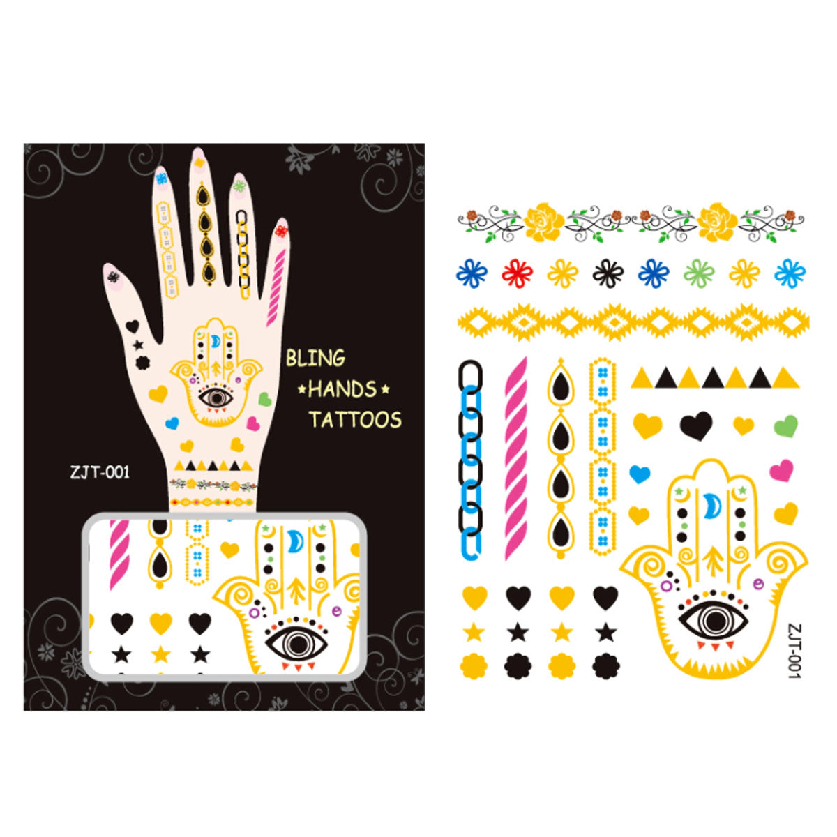 Wrapables Trendy Temporary Metallic Hand Tattoos, Butterfly and Hamsa