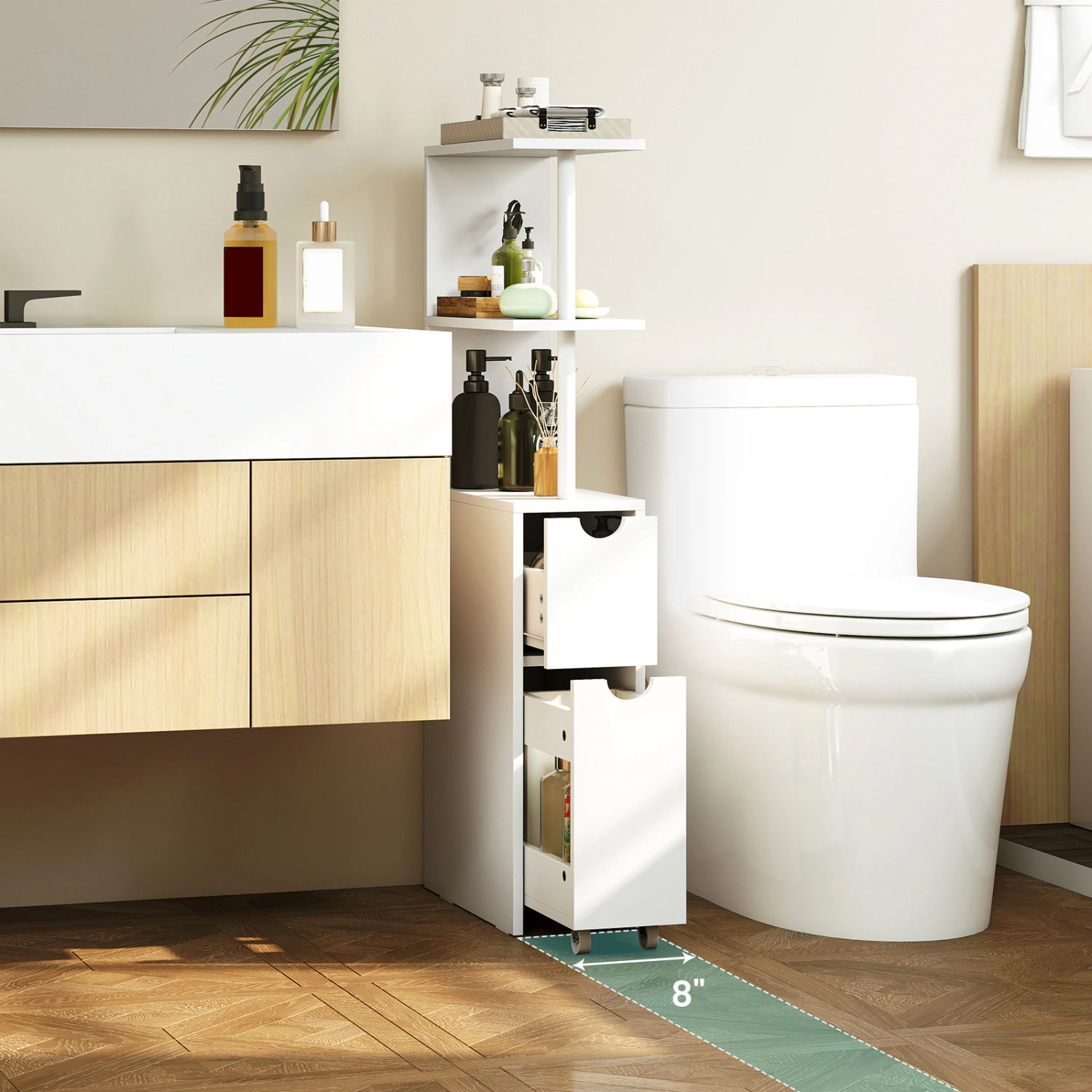 Slickblue Slim Bathroom Storage Cabinet White MDF Drawer Rolling Cart Open Shelves