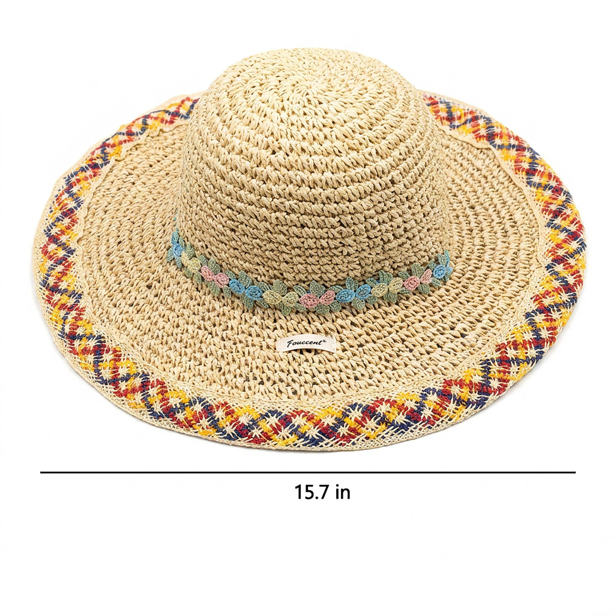 Anna-Kaci Women's Crochet Wide Brim Sun Hat with Floral Trim Wavy Edge and Decorative Chin Strap