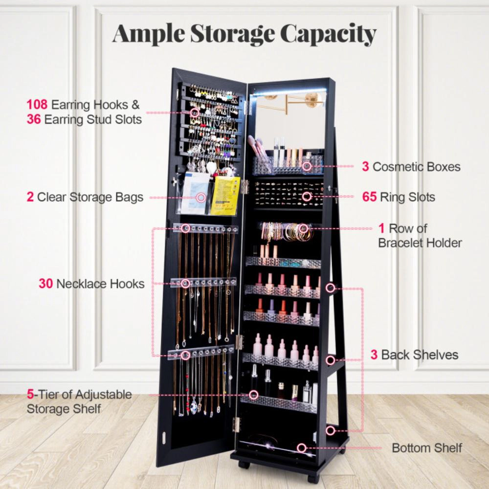 Hivvago 64 Inches Lockable Jewelry Cabinet Armoire with Built-in Makeup Mirror