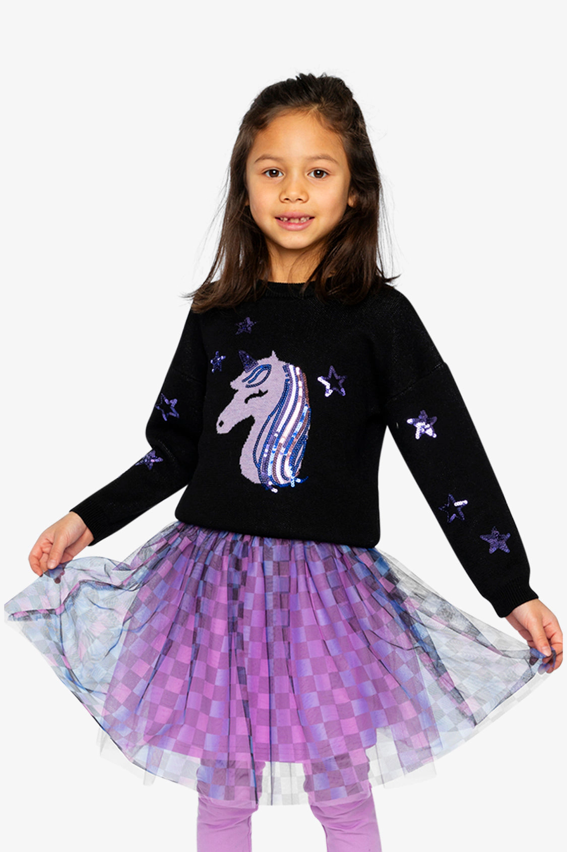 Deux par Girls Sequin Unicorn Intarsia Knitted Sweater