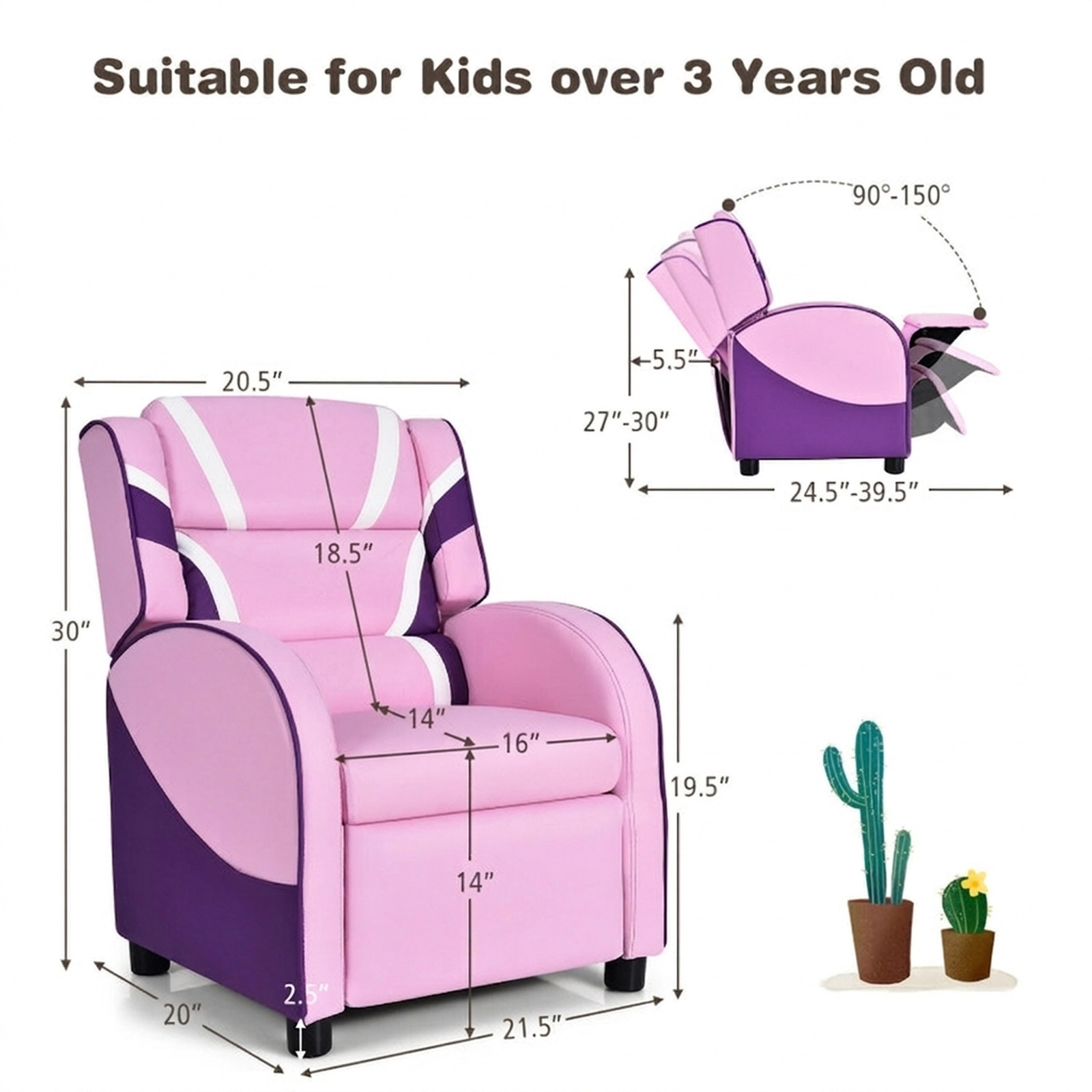 SUGIFT Pink Side Pockets and 150-Degree Recline Kids Leather Recliner Chair