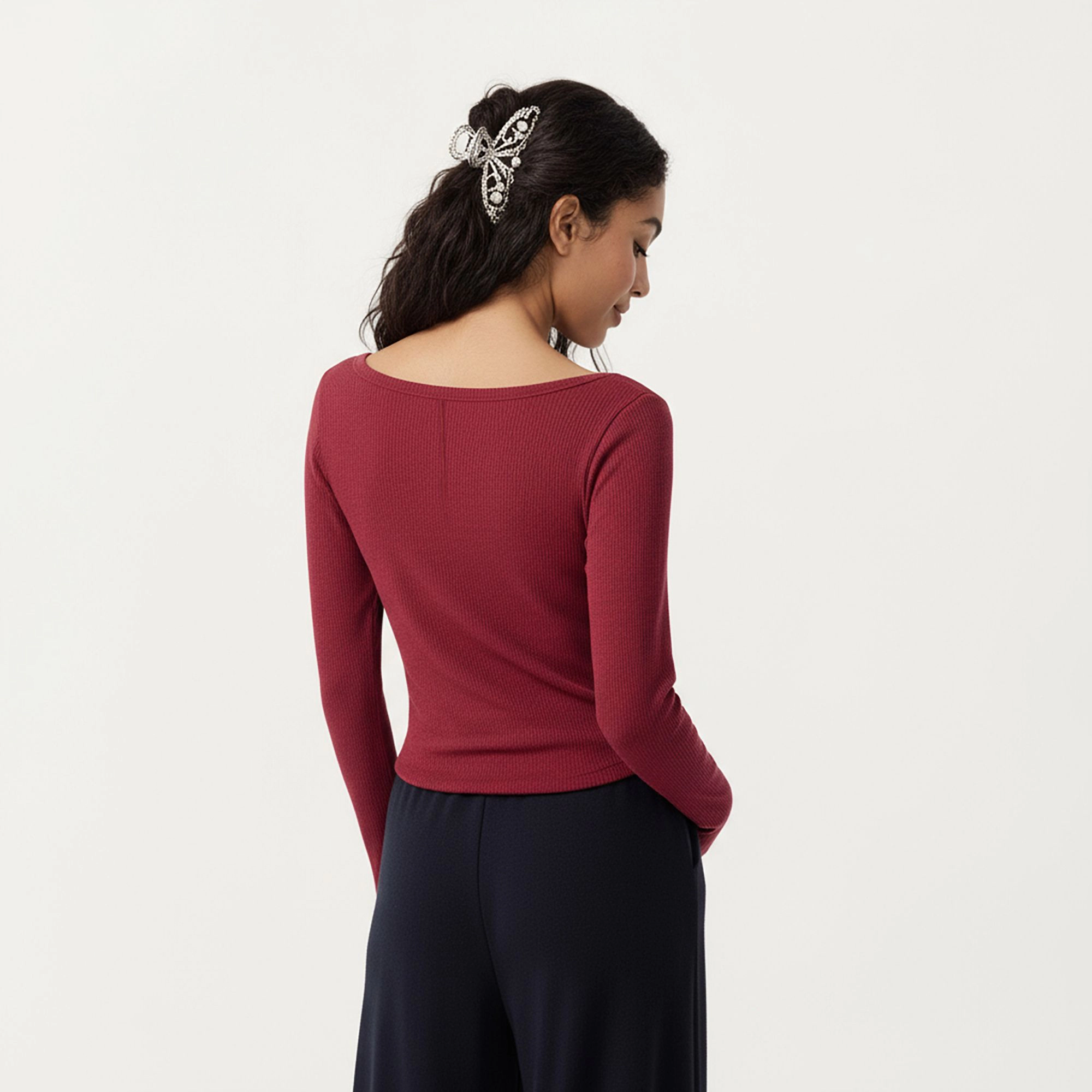Anna-Kaci Women's Long Sleeve Rib Knit Top with Boat Neckline and Slim Fit Silhouette