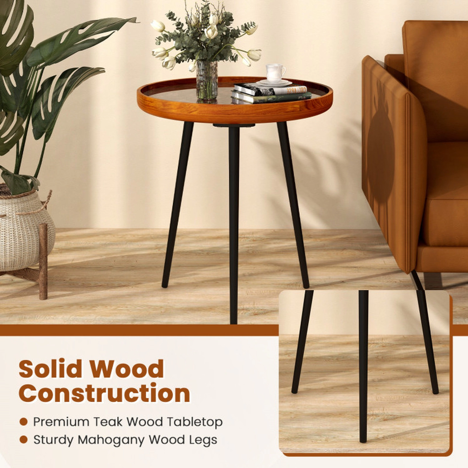 SUGIFT 20-in Round Handmade Sea Shell End Table with Epoxy Resin Tray Top and Mahogany Wood Legs