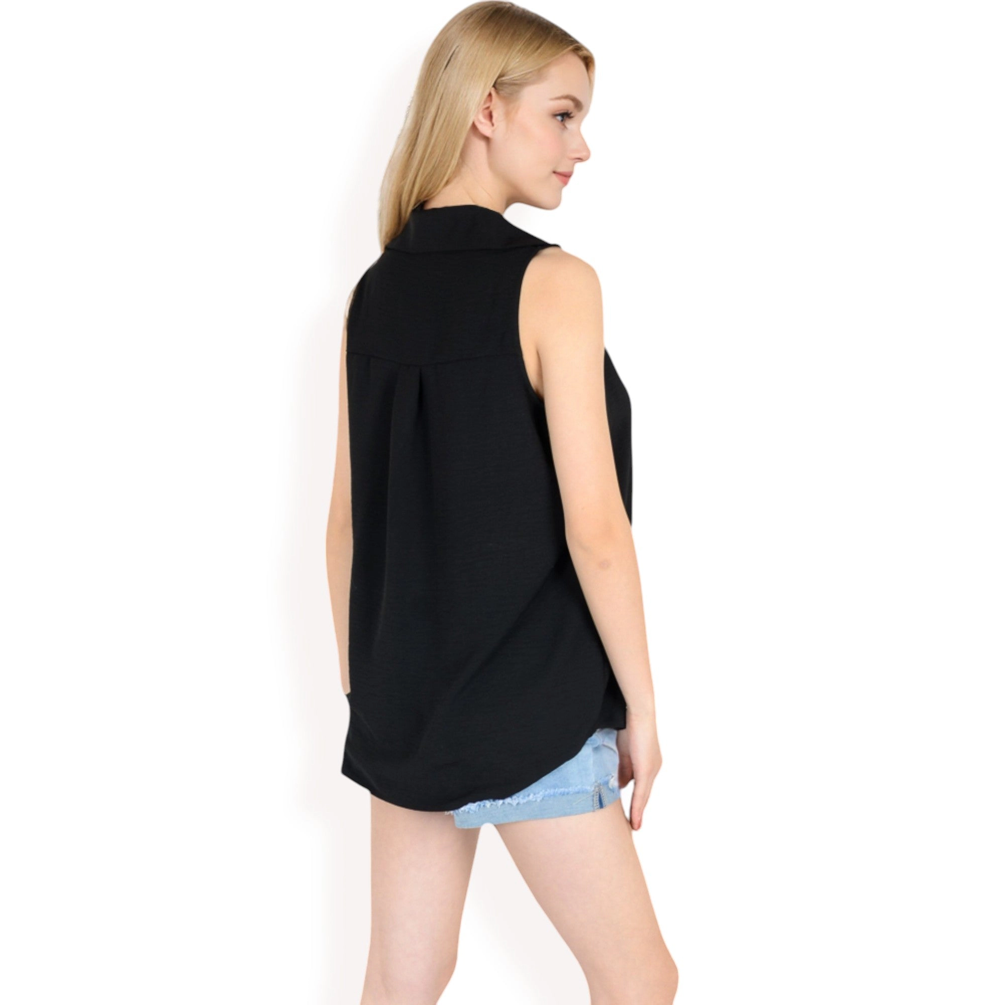 Anna-Kaci Womens Sleeveless Button-Down Collared Textured Top