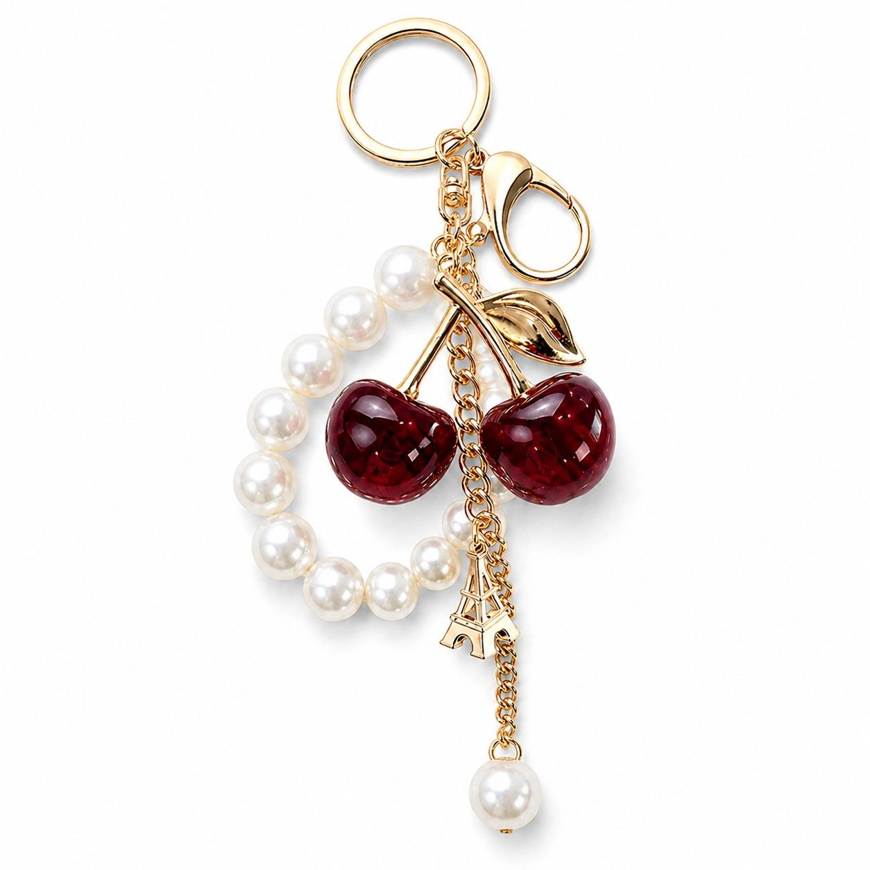 Alilang Women's Cherry Bag Charm Keychain with Faux Pearl Loop and Gold-Tone Clips, Burgundy